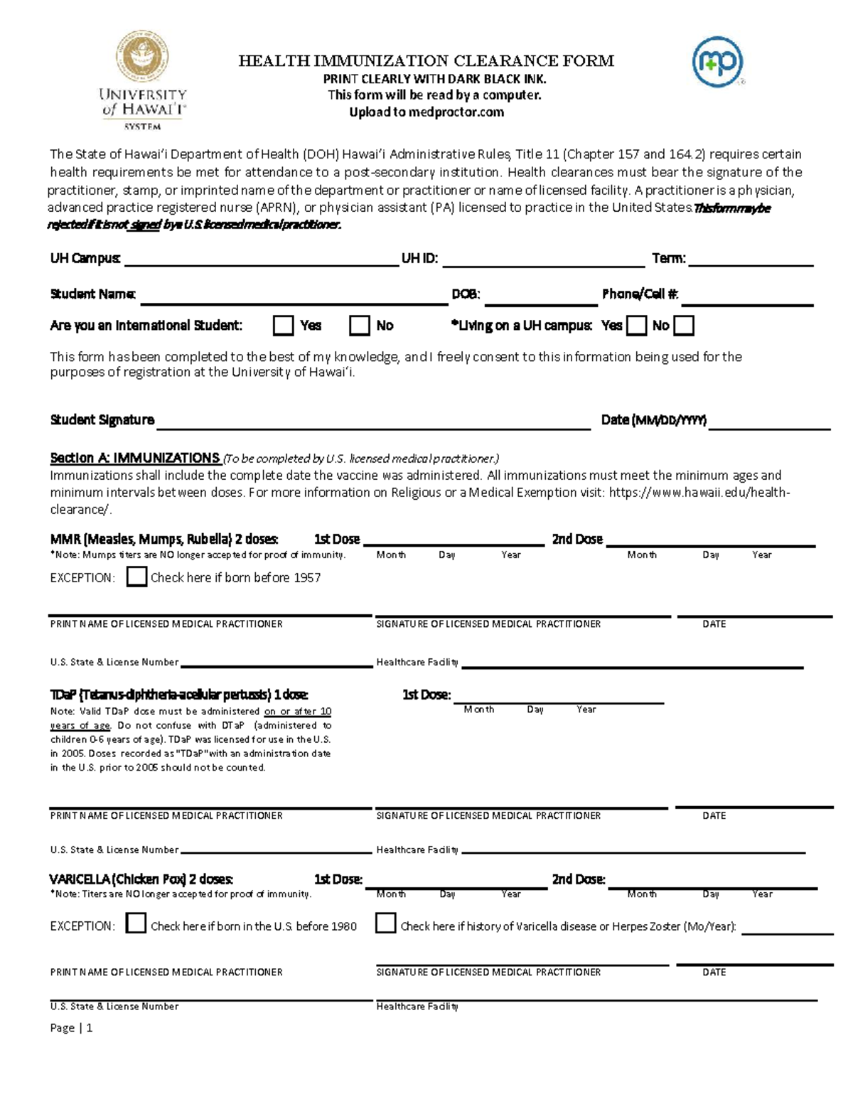 Health Immunization Clearance Form for UH Students - Studocu