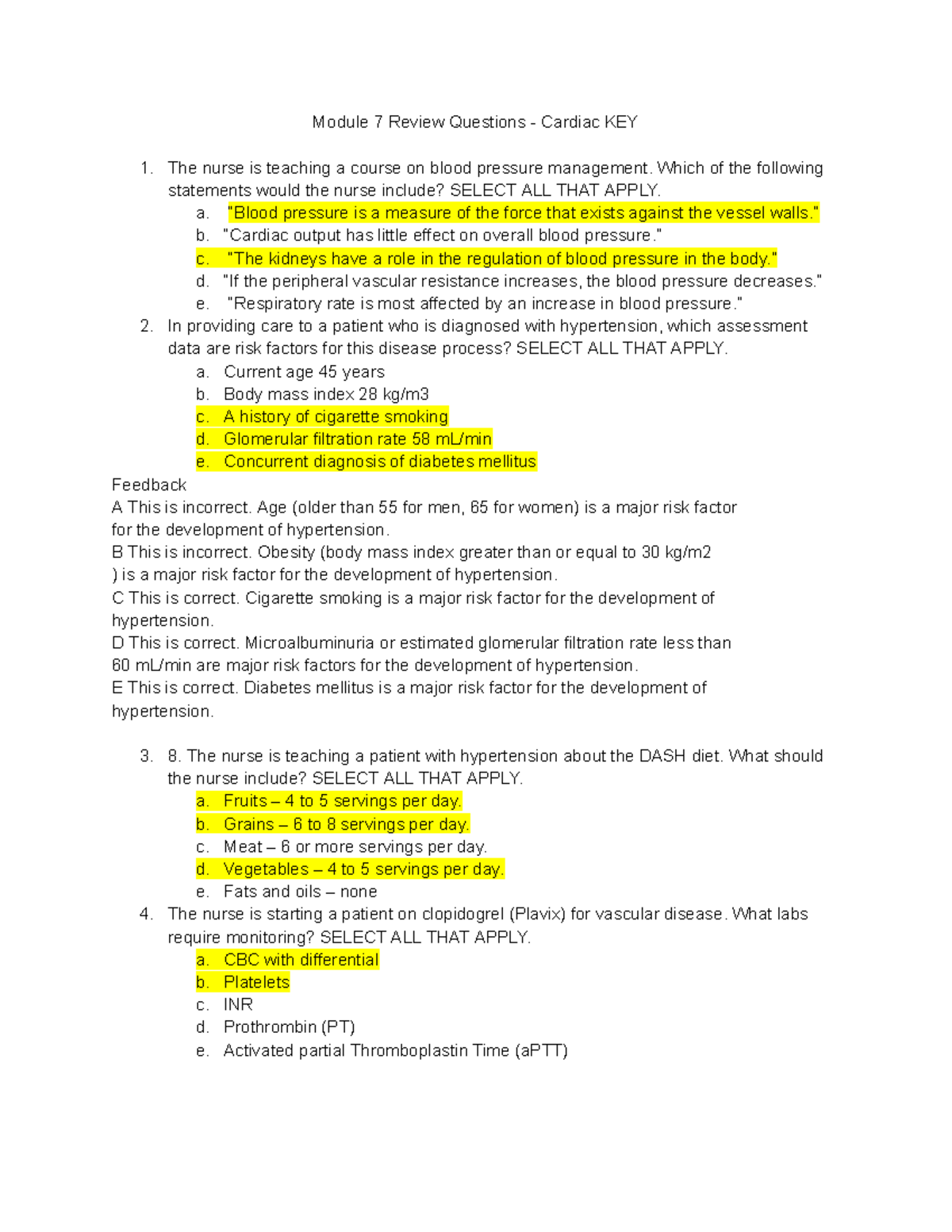 Module 7 Review Questions: Cardiac Management Key - Studocu