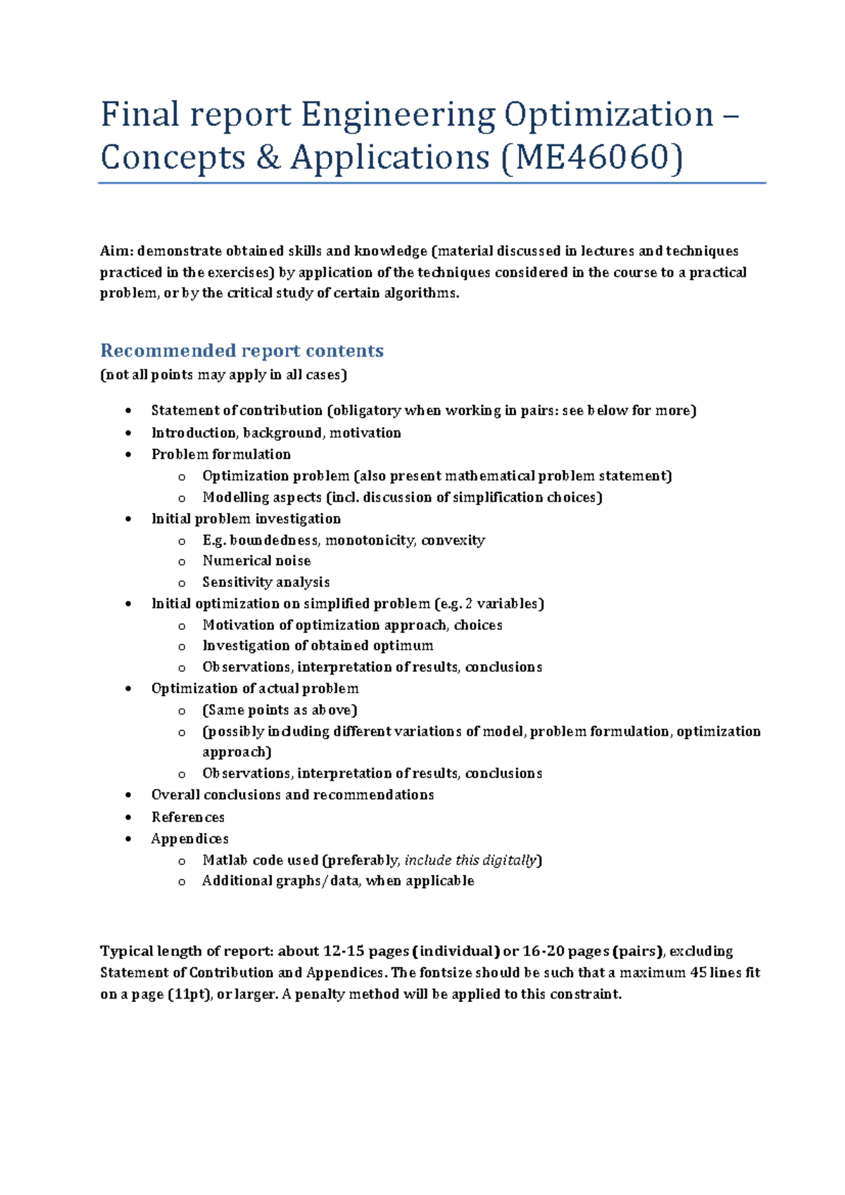 ME46060 Guidelines for Final Report on Engineering Optimization ...