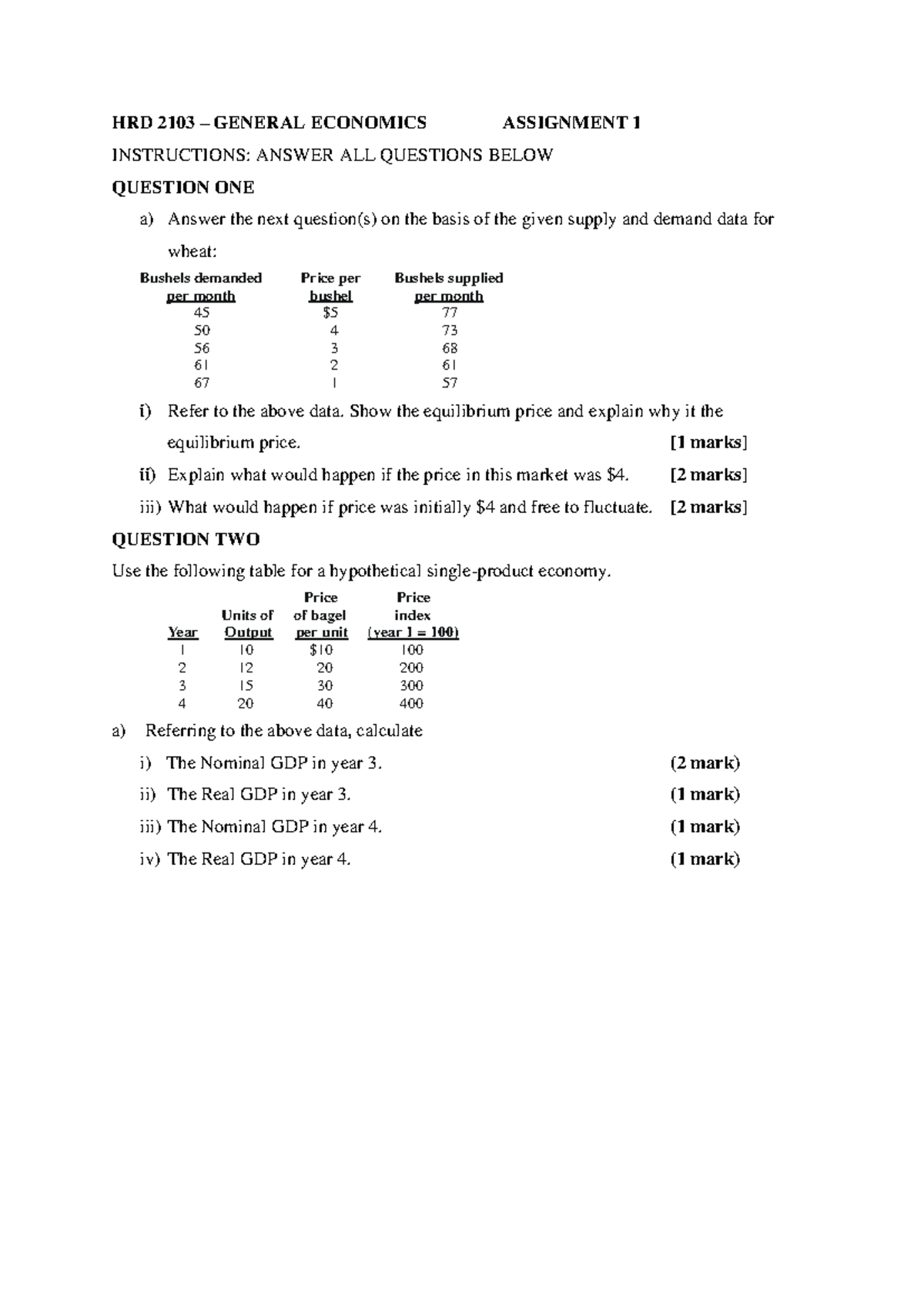 HRD 2103 - General Economics - Assignment 1 Analysis and Solutions ...
