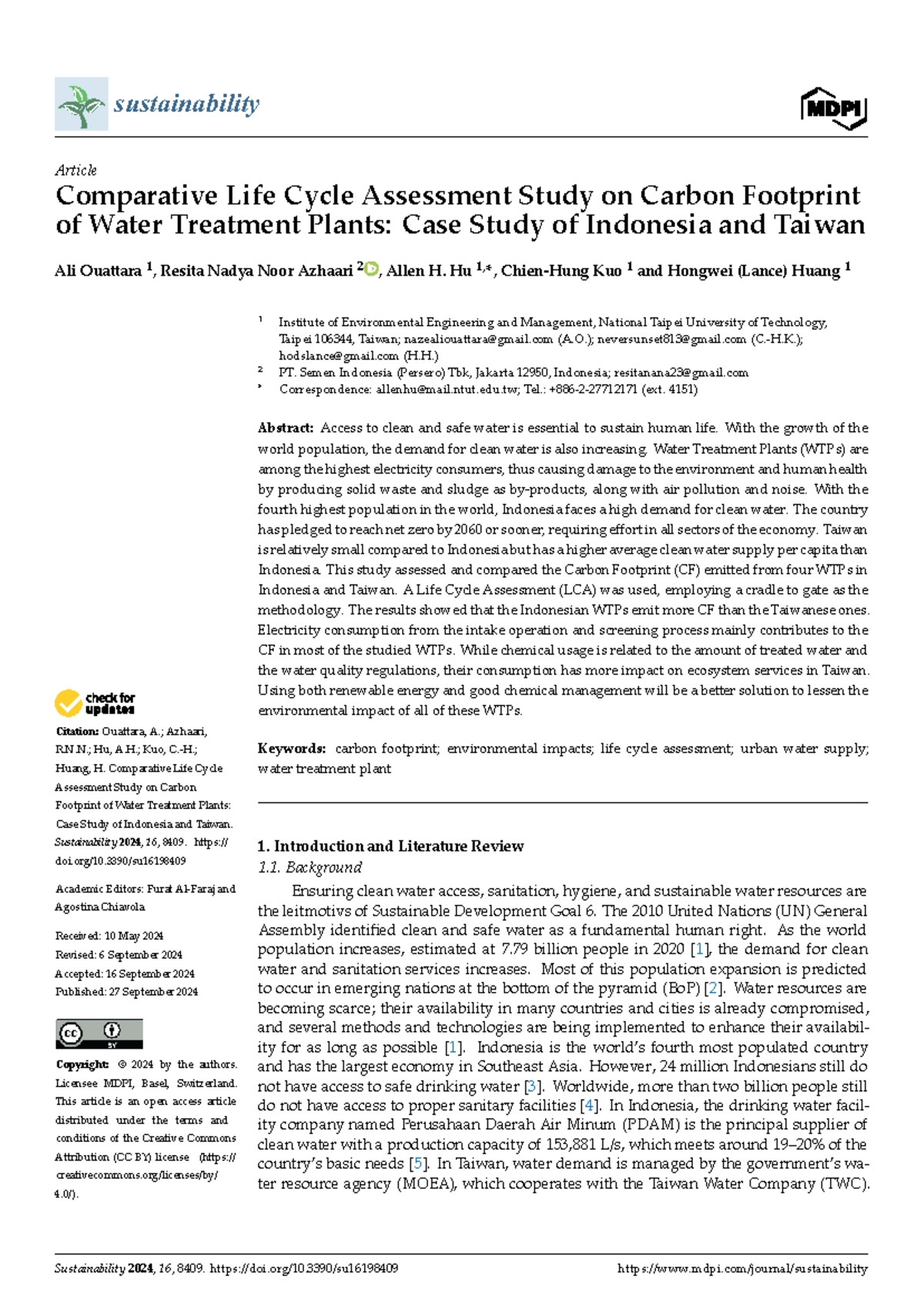 Comparative LCA of Carbon Footprint in WTPs: Indonesia vs. Taiwan - Studocu