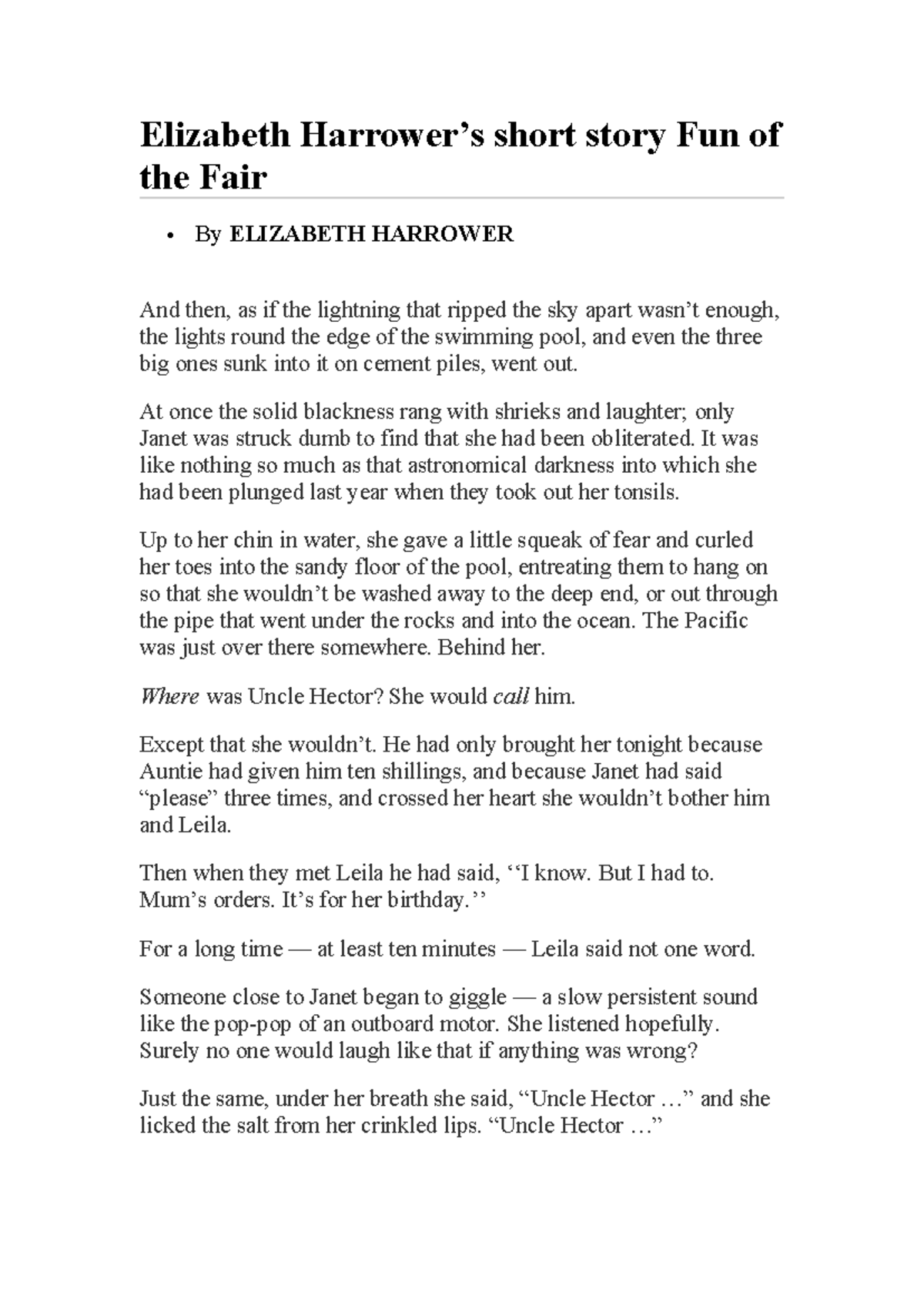 Elizabeth Harrower's Short Story: Fun of the Fair Analysis - Studocu