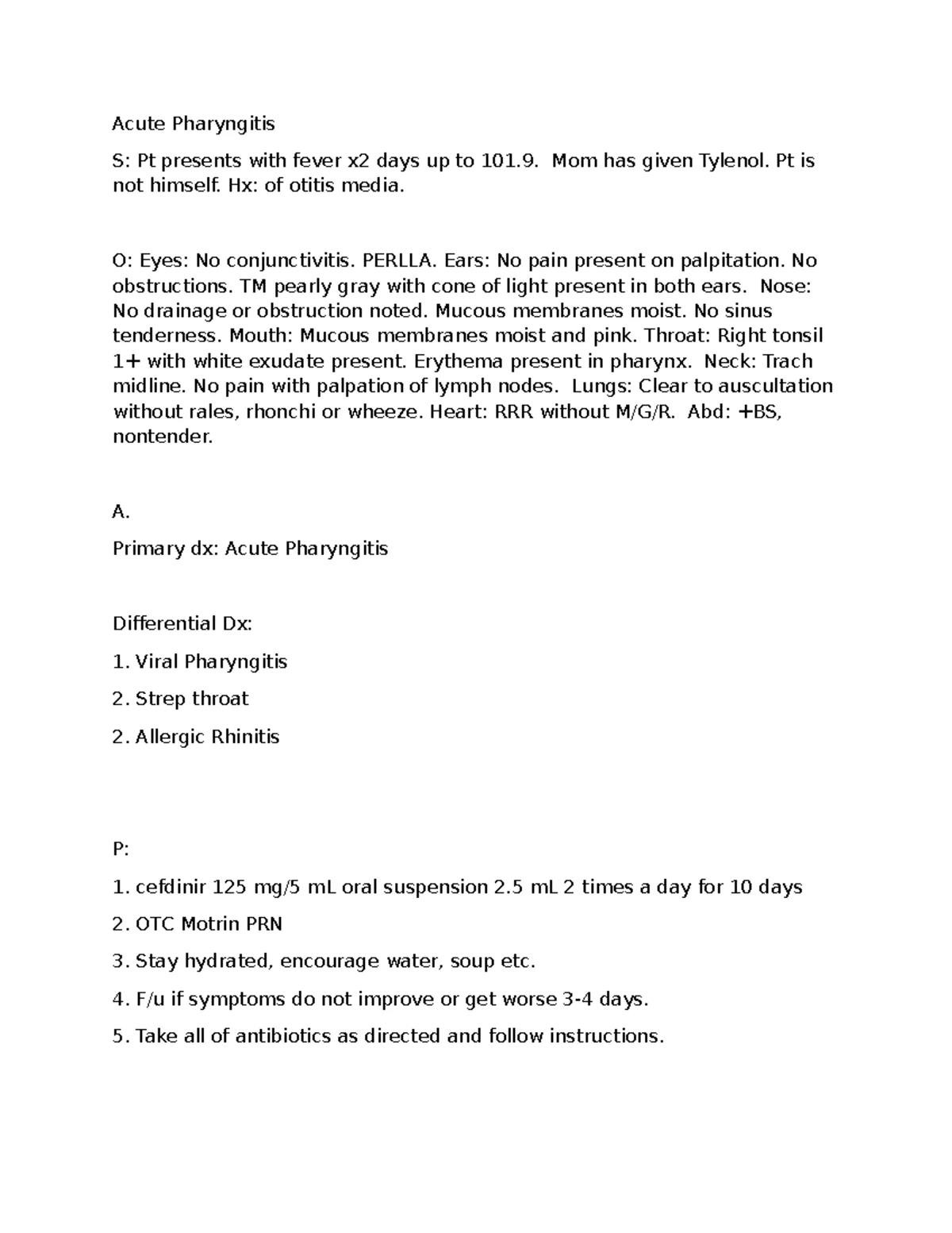 Sinus Infection SOAP Note - Acute Prostatitis Assessment & Plan - Studocu
