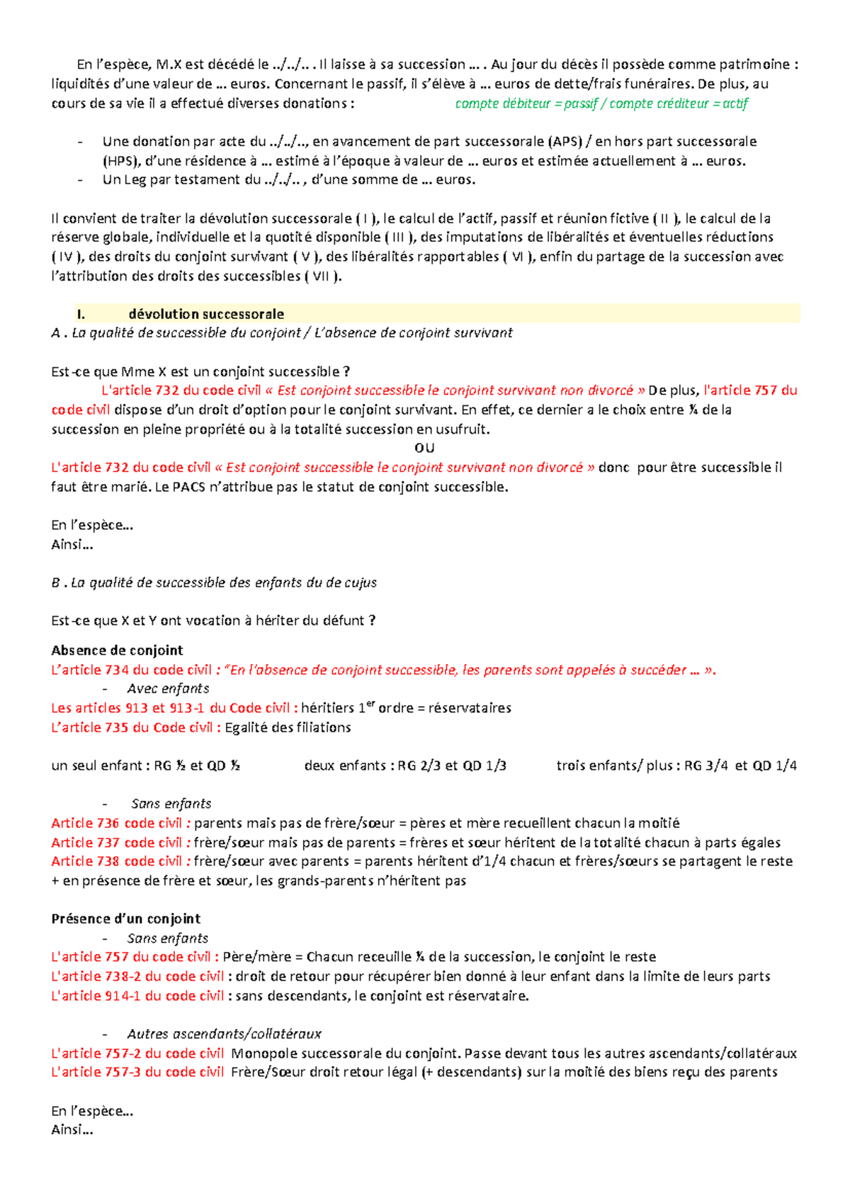 Fiche Succession : Analyse et Calculs selon le Code Civil - Studocu