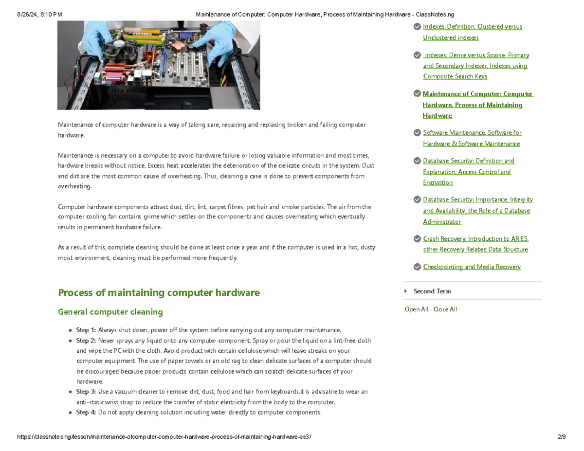 Maintenance of Computer Hardware: Essential Class Notes (CS101) - Studocu