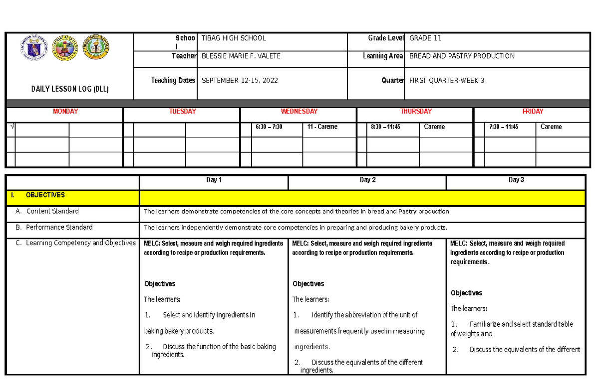 Grade 11 DLL: Week 3 Bread and Pastry Production Lesson Plan - Studocu