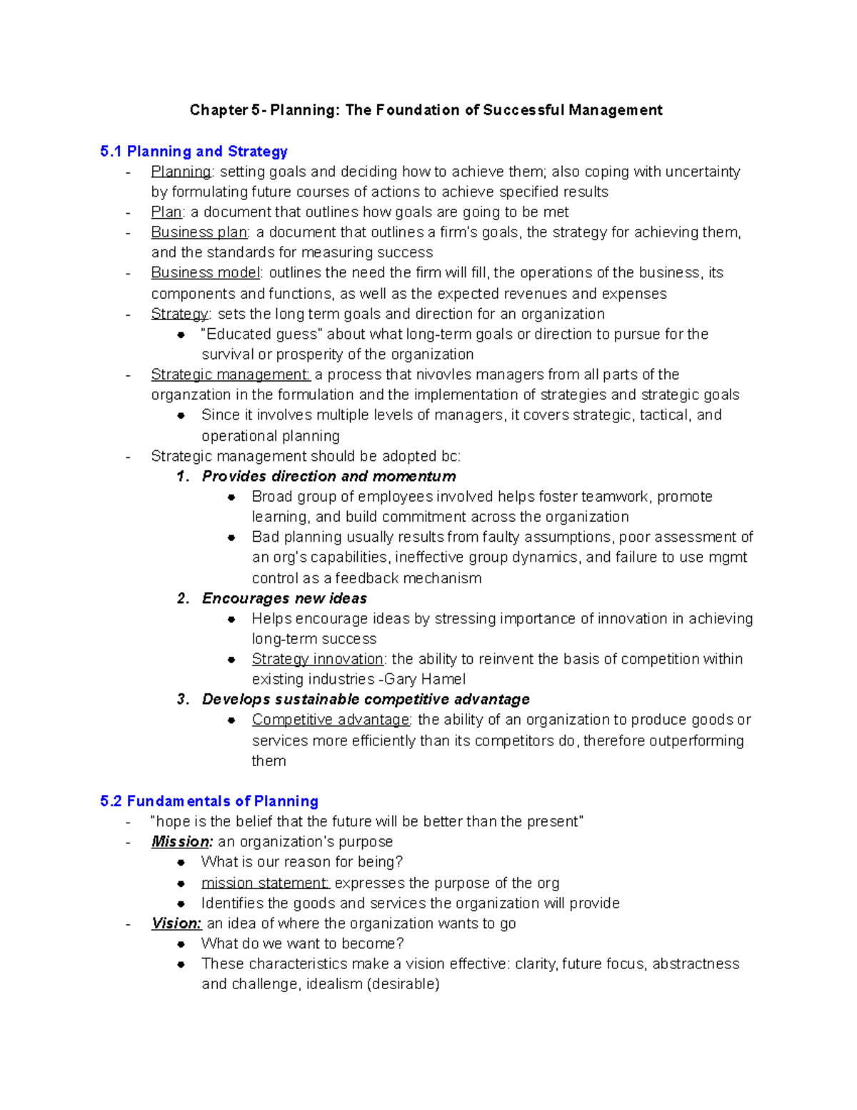 Chapter 5 - Management: Planning for Organizational Success - Studocu