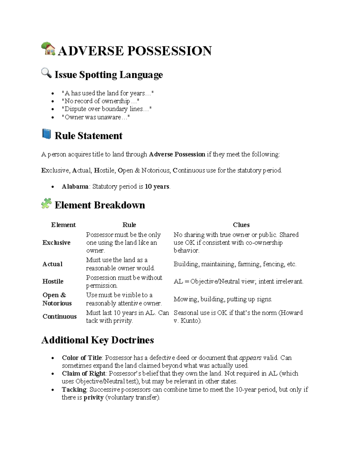 Real Property Outline: Adverse Possession & Concurrent Ownership (LAW ...