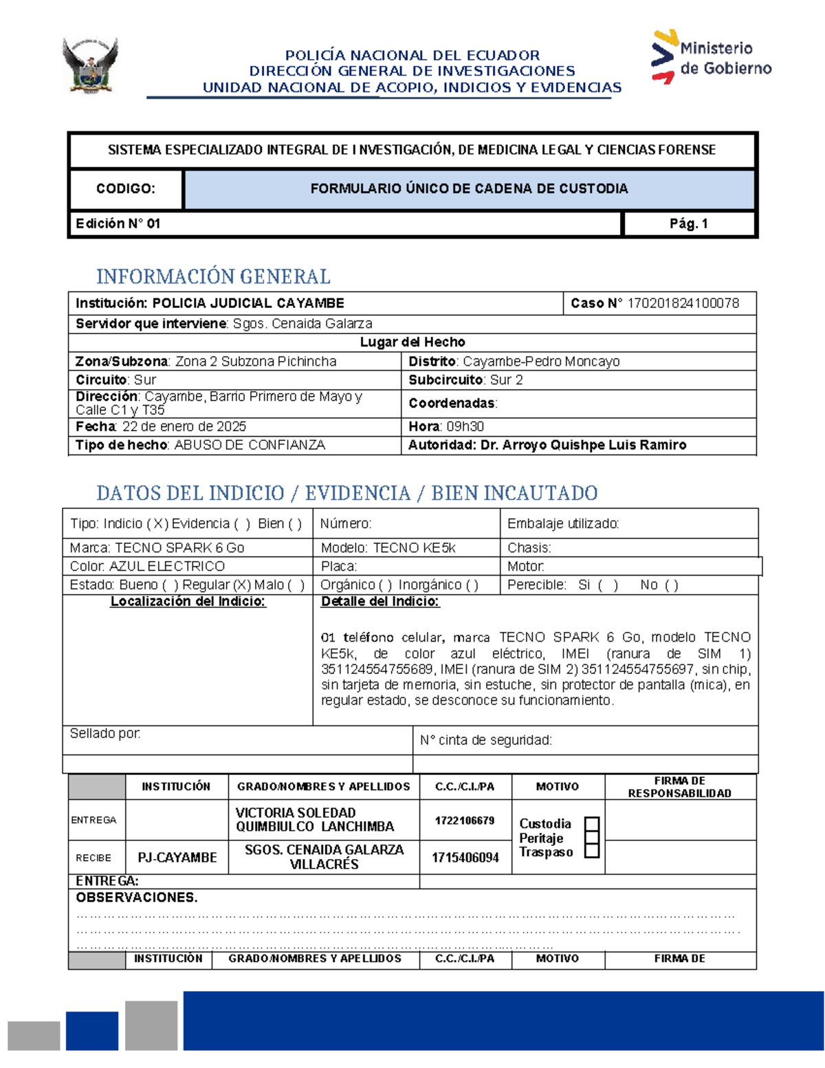 Formato Cadena de Custodia - Policía Judicial Cayambe - Document Preview