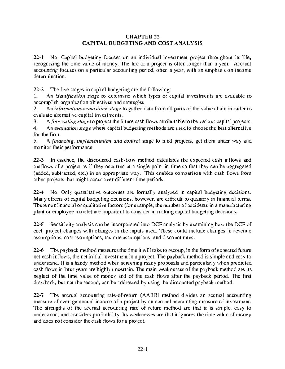 CH 22 - Capital Budgeting and Cost Analysis Overview - Studocu