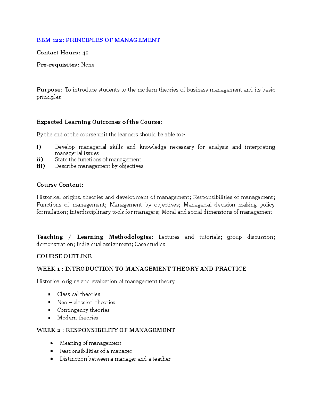 BBM 122: Principles of Management - Lecture Notes Overview - Studocu
