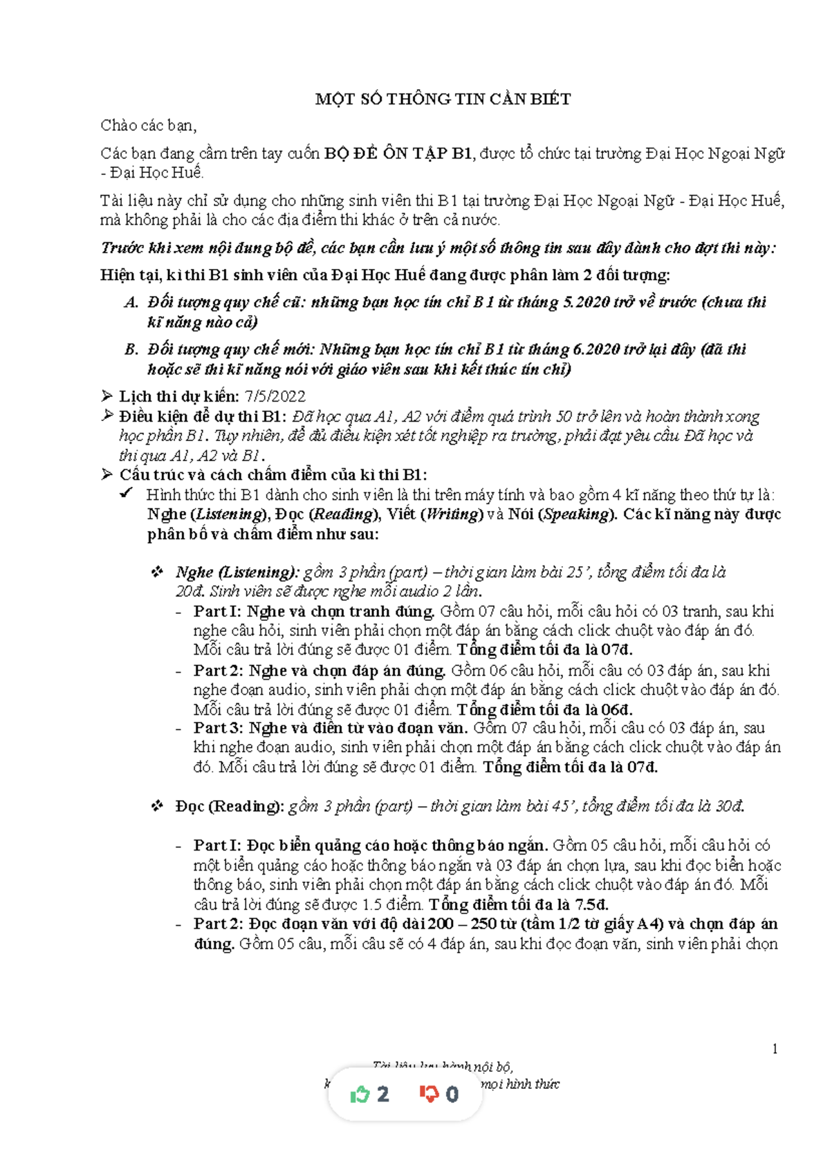 Bộ Đề Ôn Tập Kỳ Thi B1 - ĐH Ngoại Ngữ Huế - Document Preview