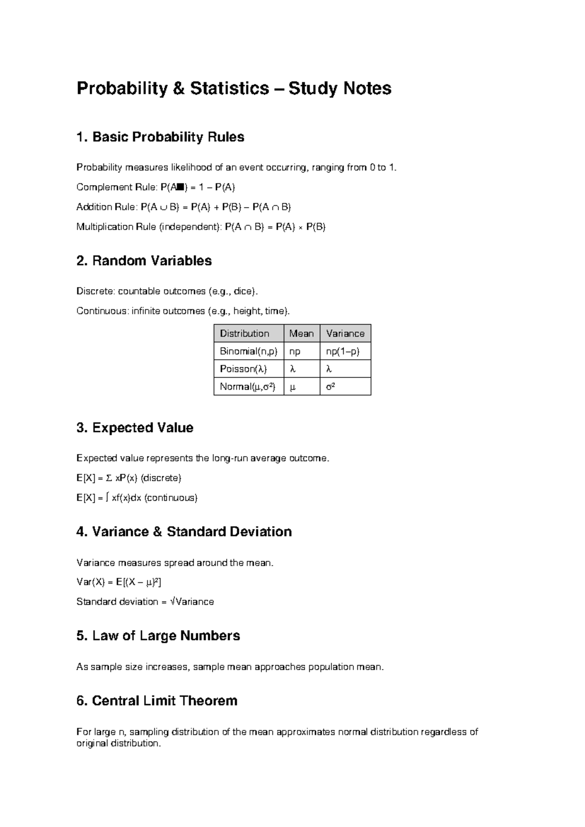 Probability Statistics Study Notes: Basic Concepts and Rules - Studocu