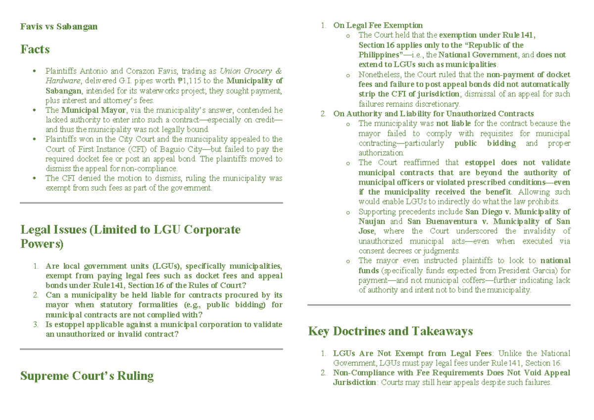 Local Gov Cases (LGU) Week 4: Key Rulings & Doctrines - Studocu