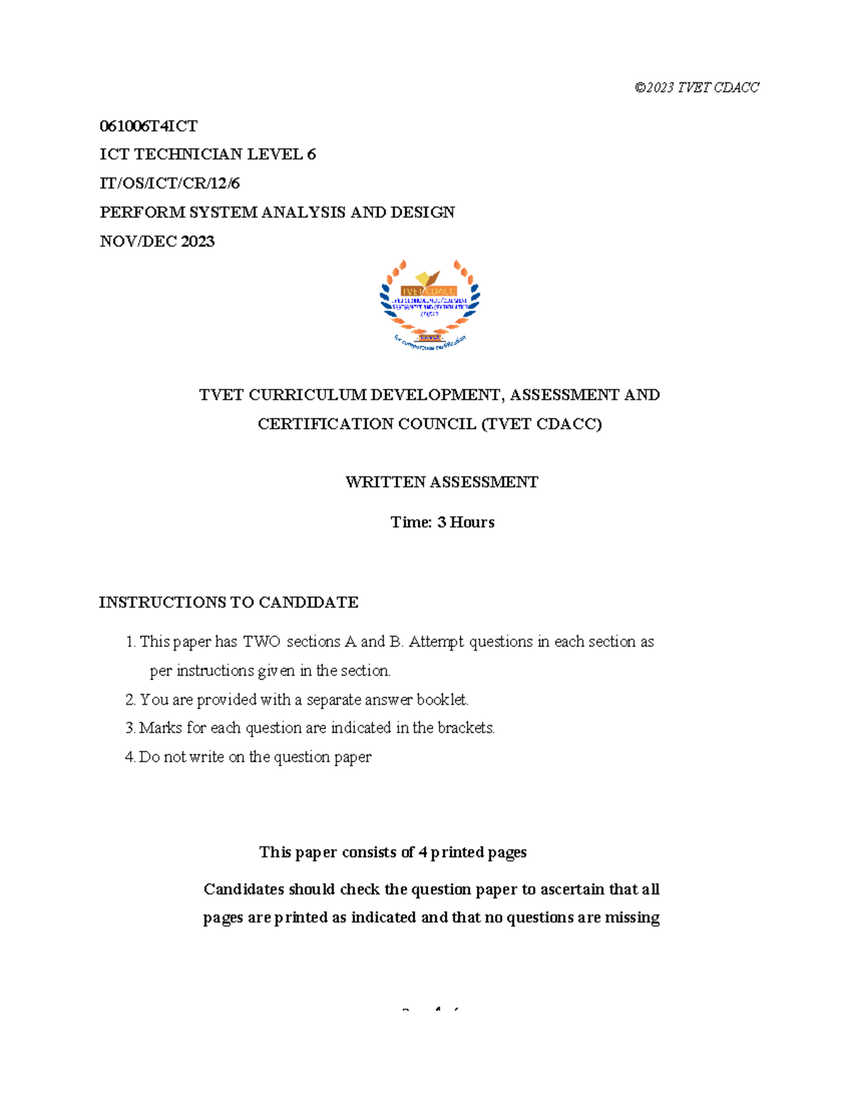 2023n - ICT Technician Level 6 System Analysis & Design Exam - Studocu