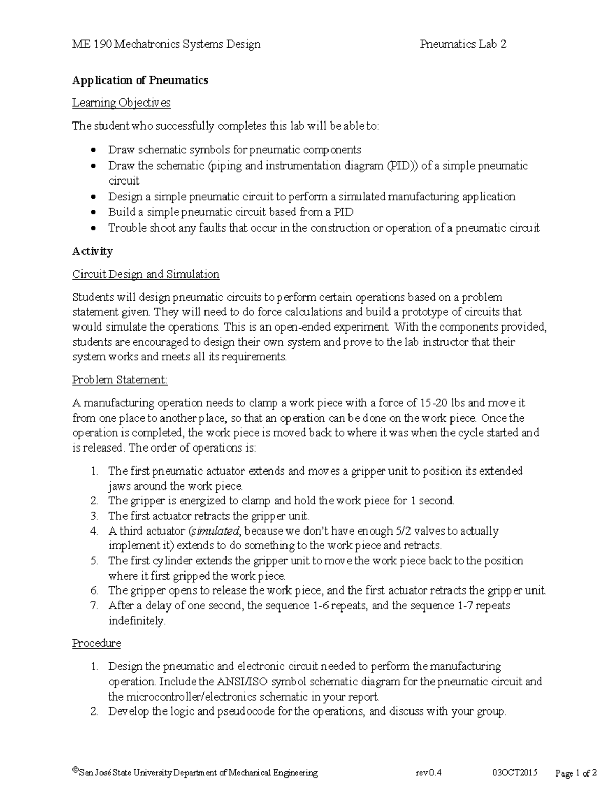 ME 190 Lab 2 - Pneumatics Circuit Design and Simulation Report - Studocu