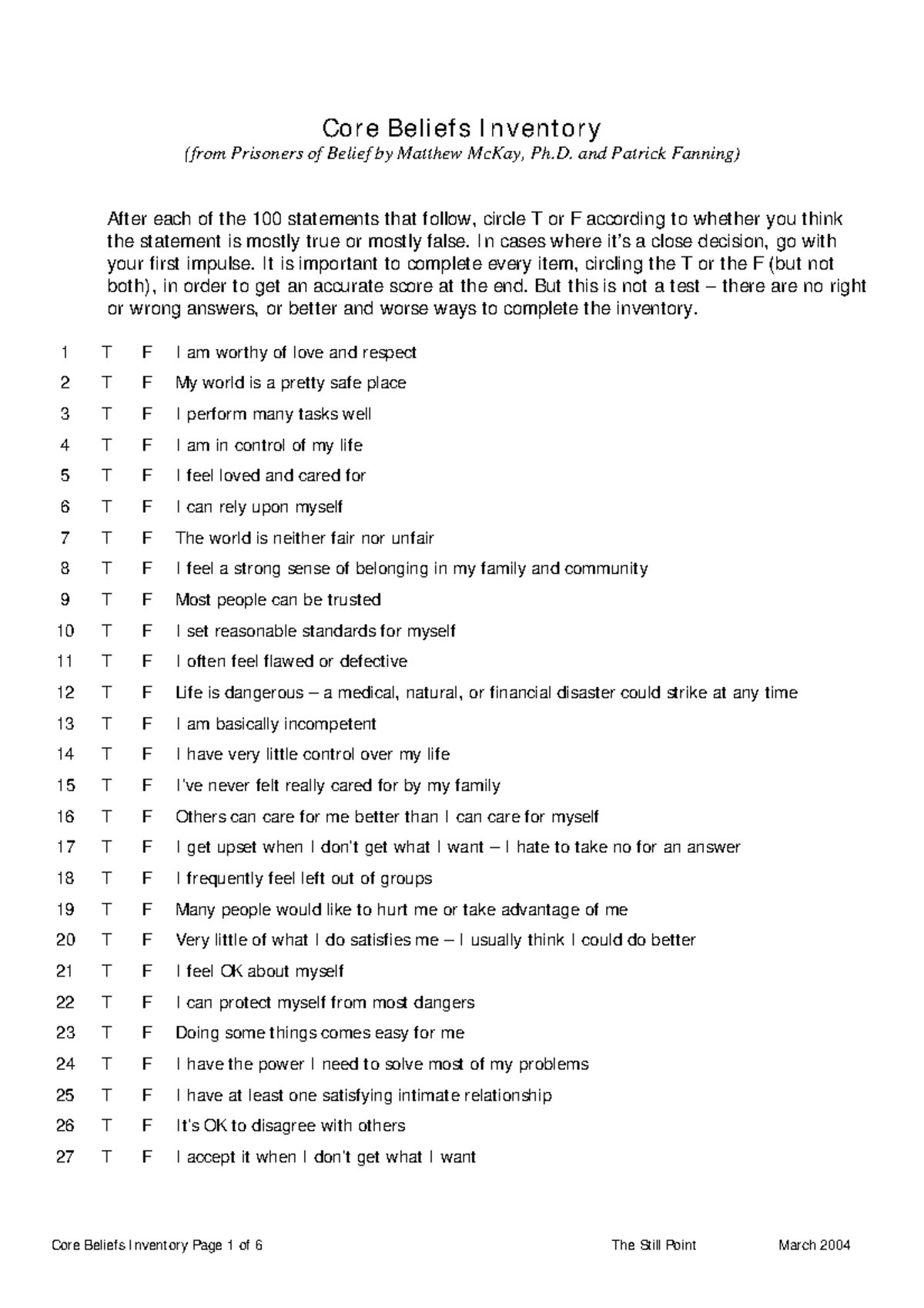 Core Beliefs Inventory: Assess Your Self-Perception and Safety - Studocu
