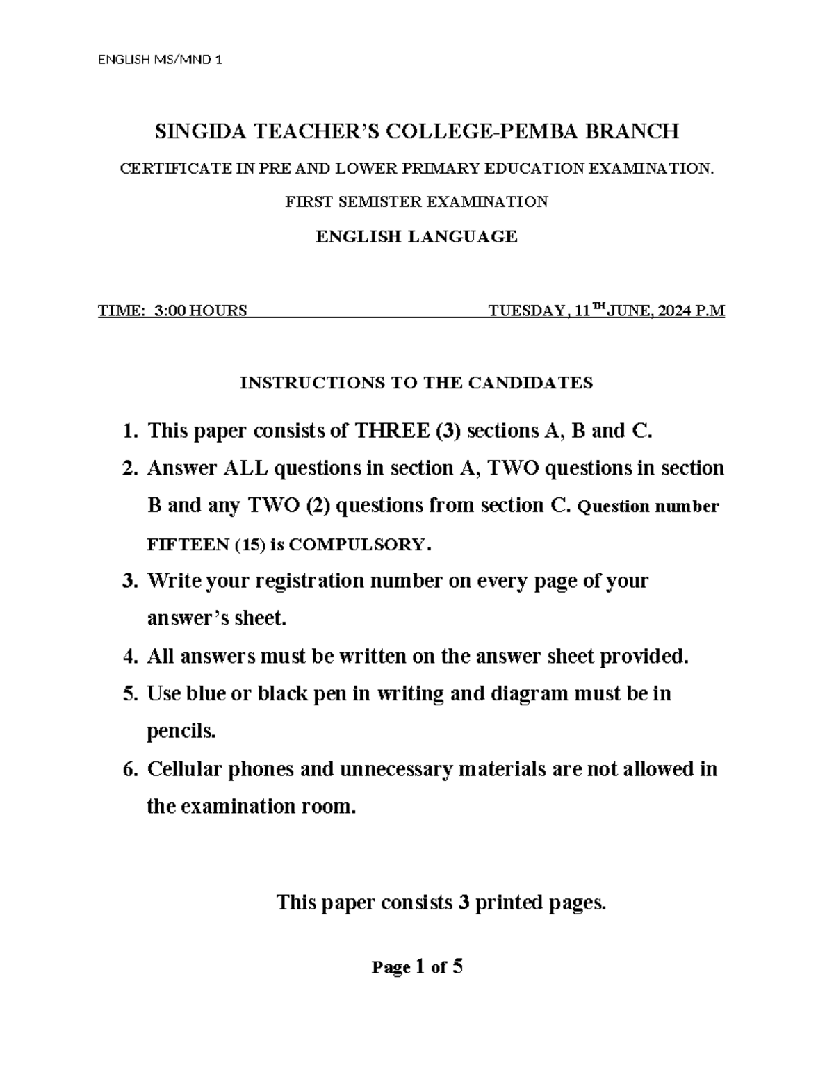 ENGLISH 1: CERTIFICATE IN PRE & LOWER PRIMARY EDUCATION EXAMINATION ...