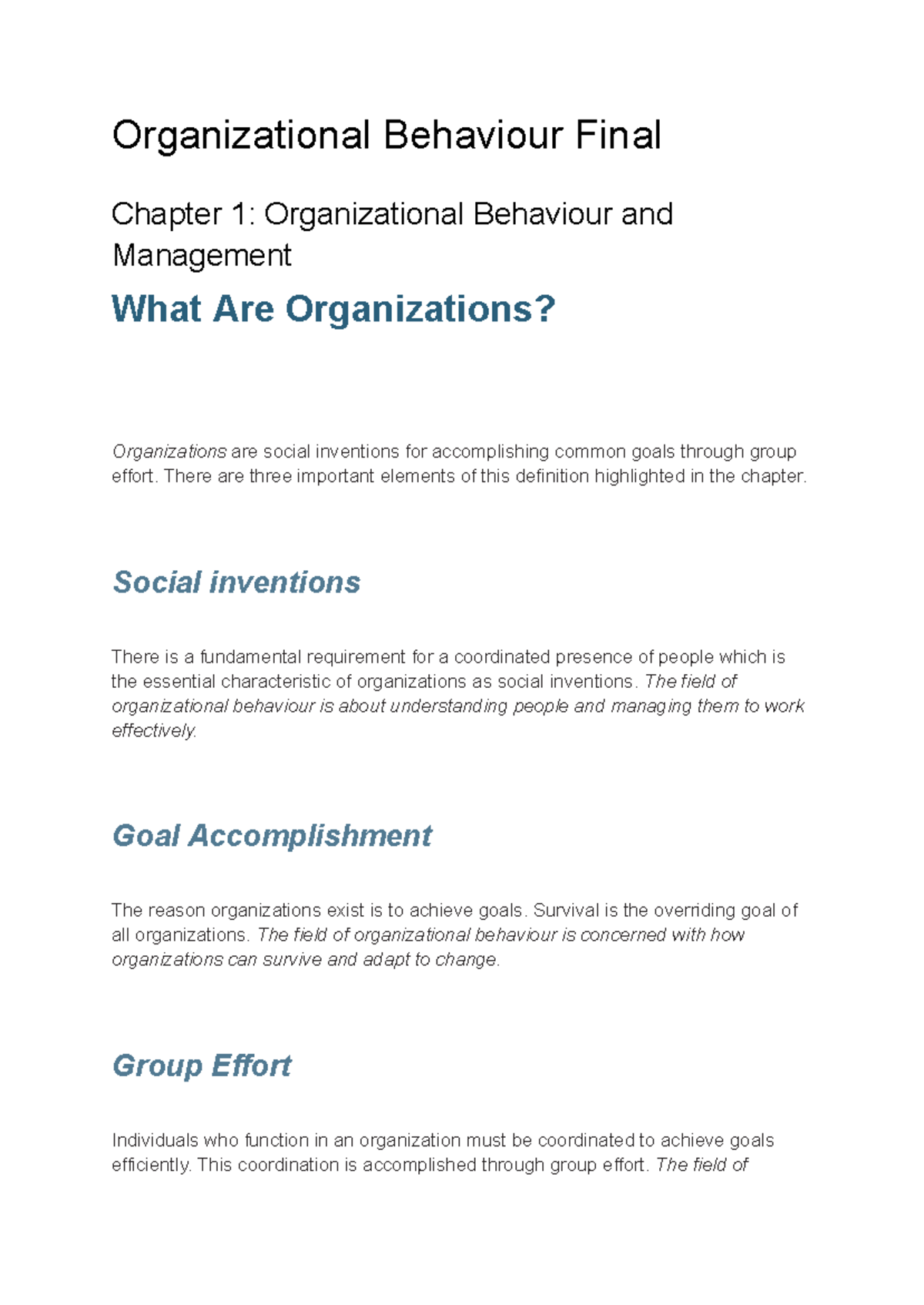 Organizational Behaviour Notes - Organizational Behaviour Final Chapter ...