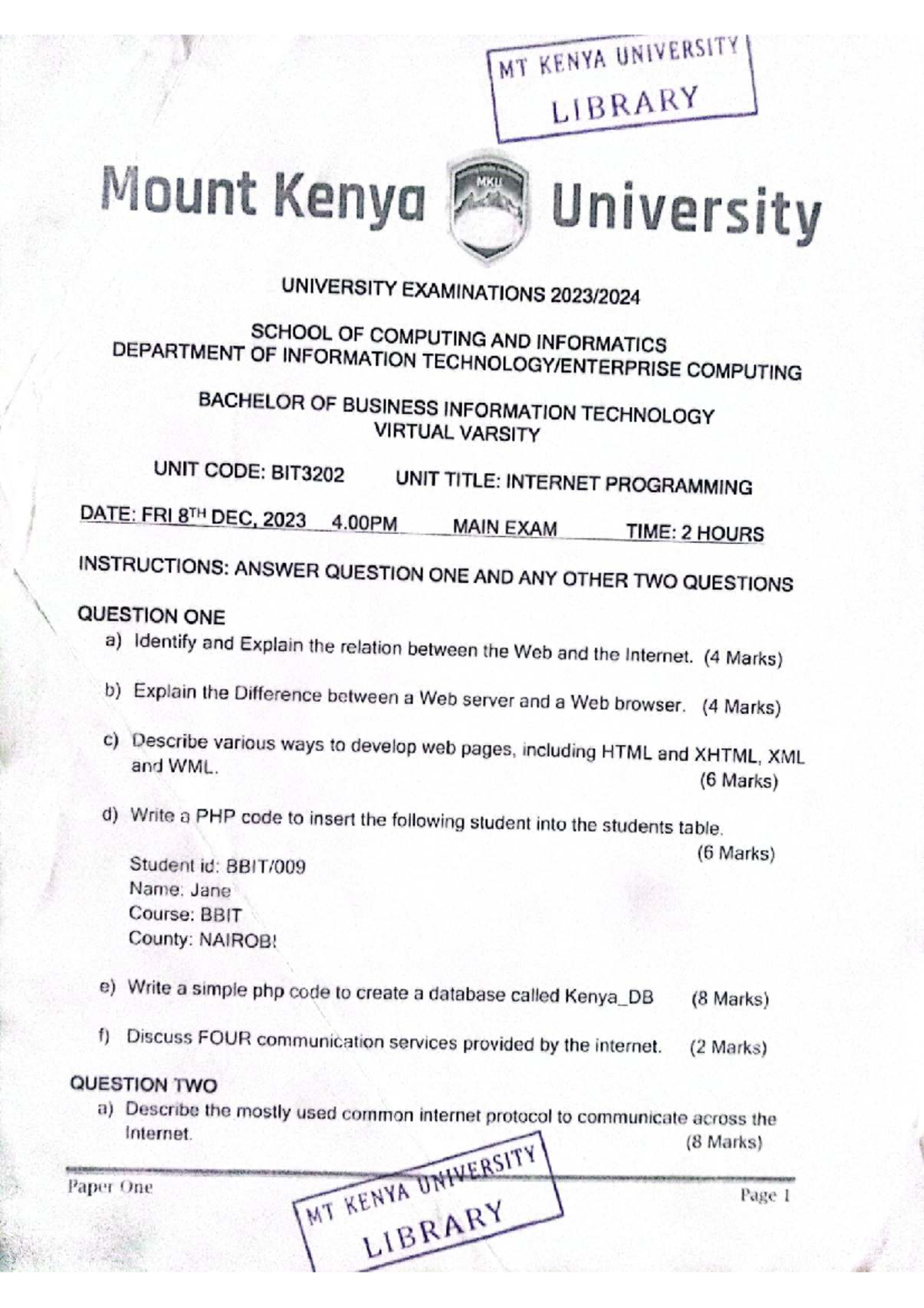 BIT3202 Internet Programming Final Exam DEC 2023 - Studocu