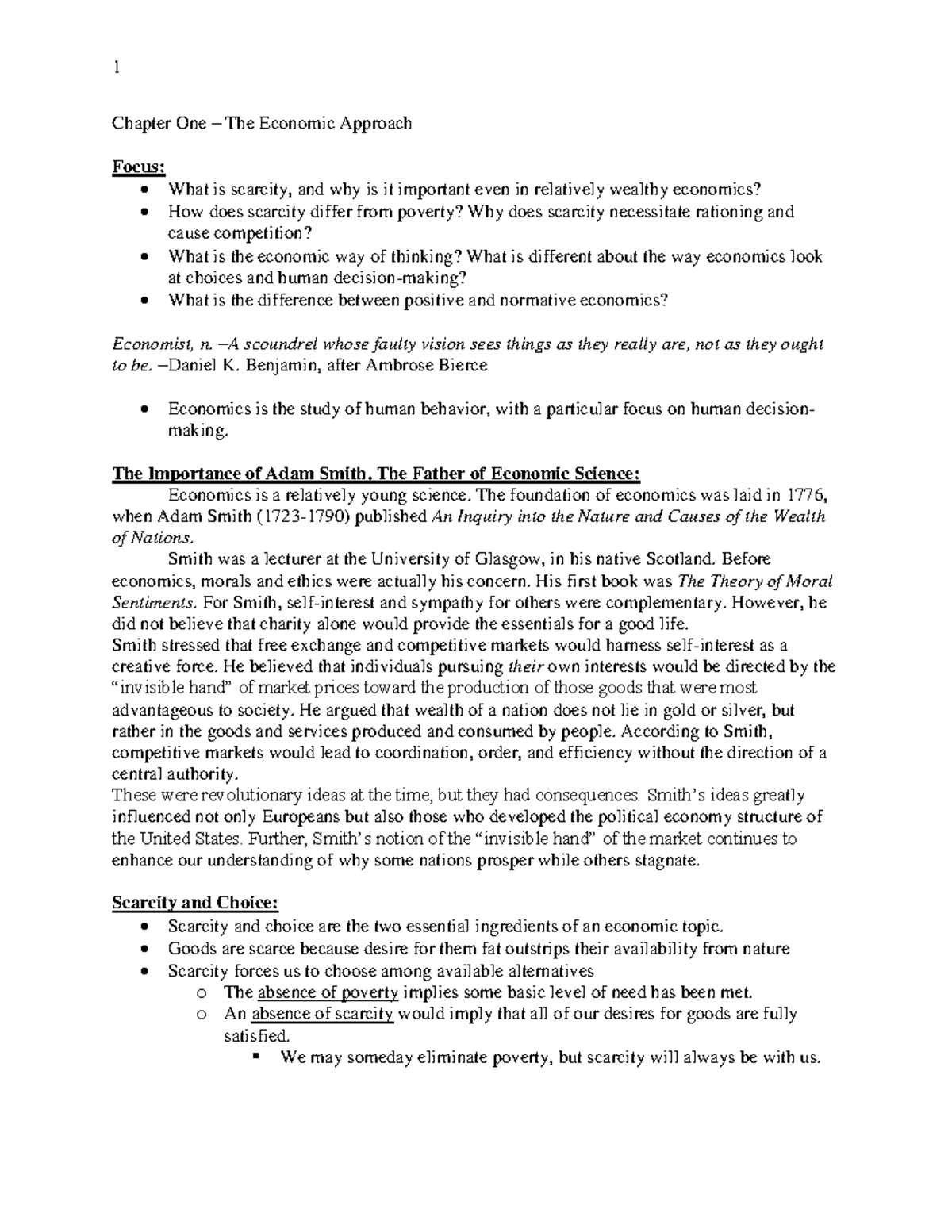 Chapter One Notes - Della - 1 Chapter One The Economic Approach Focus ...