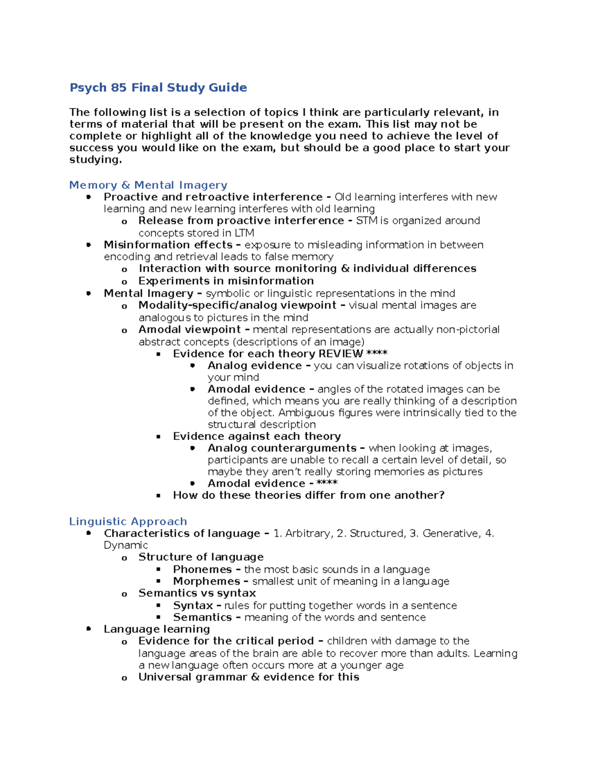 Psych 85 Final Study Guide - Psych 85 Final Study Guide The following ...