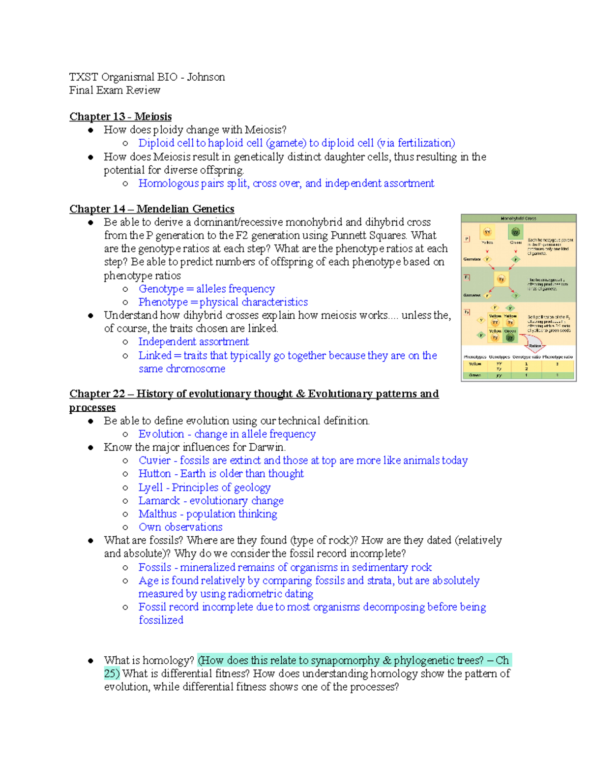 O. BIO - Final Exam Review - Key Concepts in Organismal Biology - Studocu
