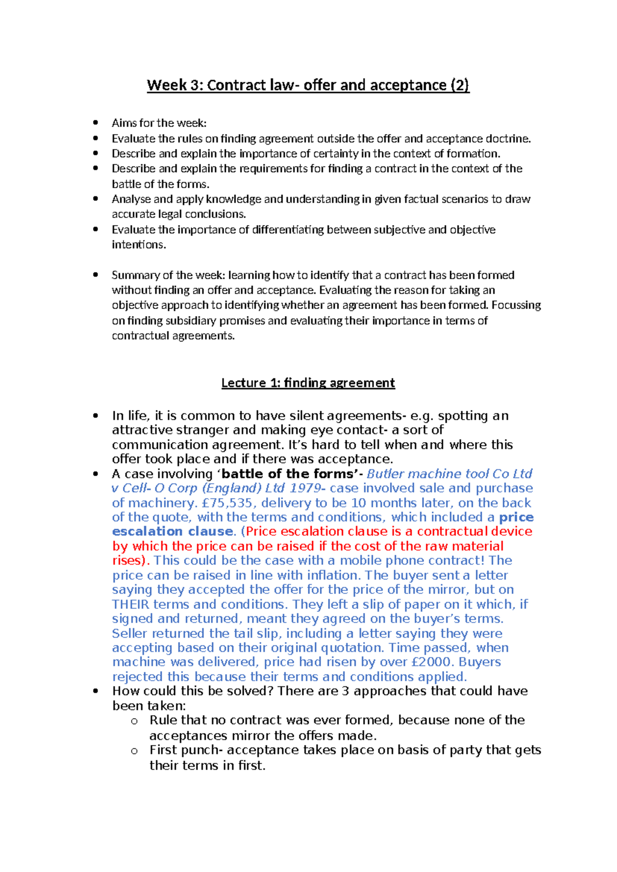 Week 3 contract law - notes - Week 3: Contract law- offer and ...