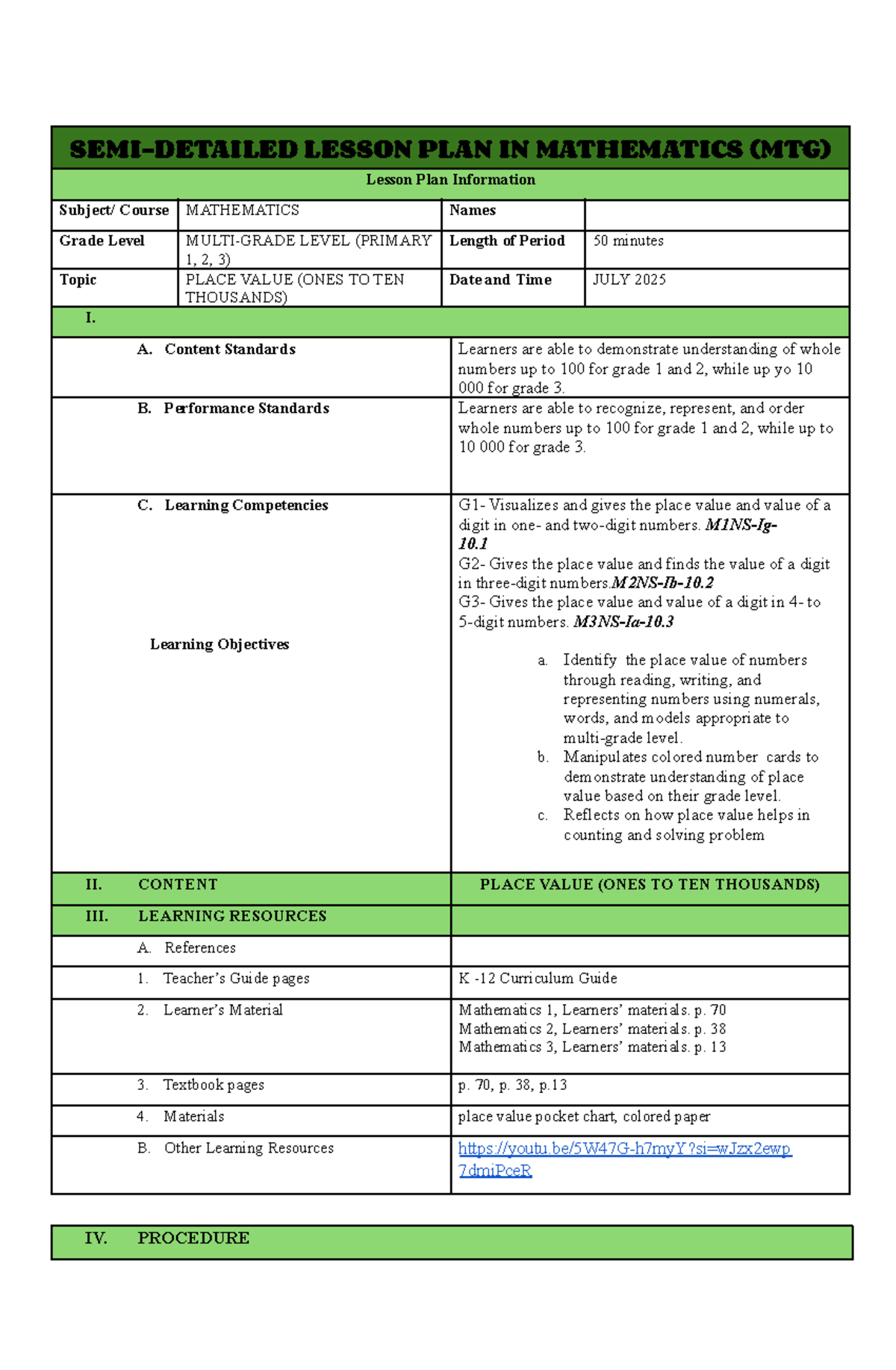 LESSON PLAN IN MATHEMATICS (MTG) - PLACE VALUE FOR PRIMARY 1-3 - Studocu