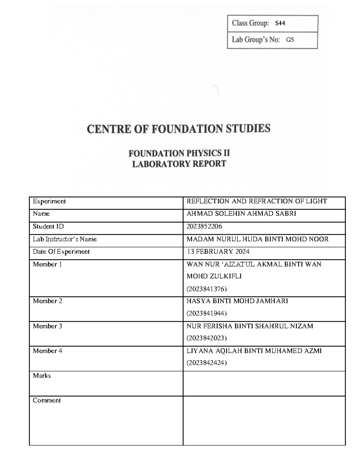 Lab Report Physics (Reflection and Refraction of Light) S44 G5 ...