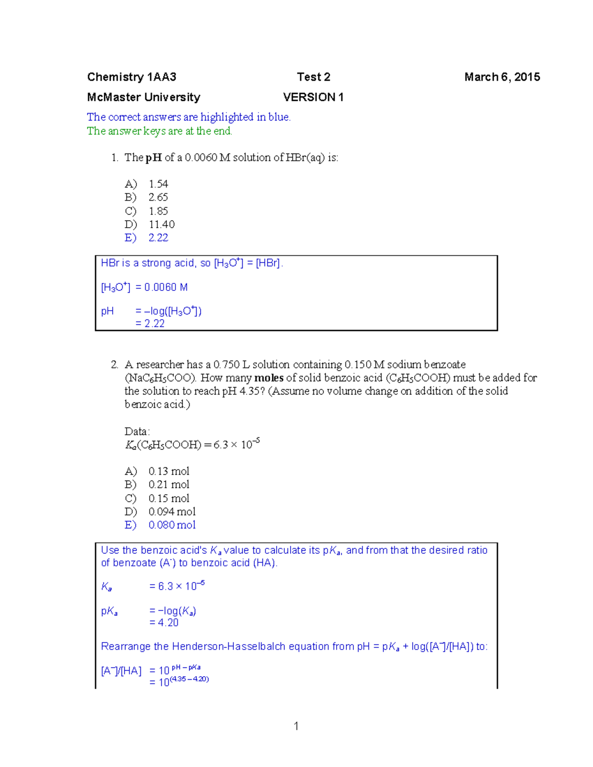 Solutions T2 150226 ver 1 - Chemistry 1AA3 Test 2 March 6 , 20 15 ...