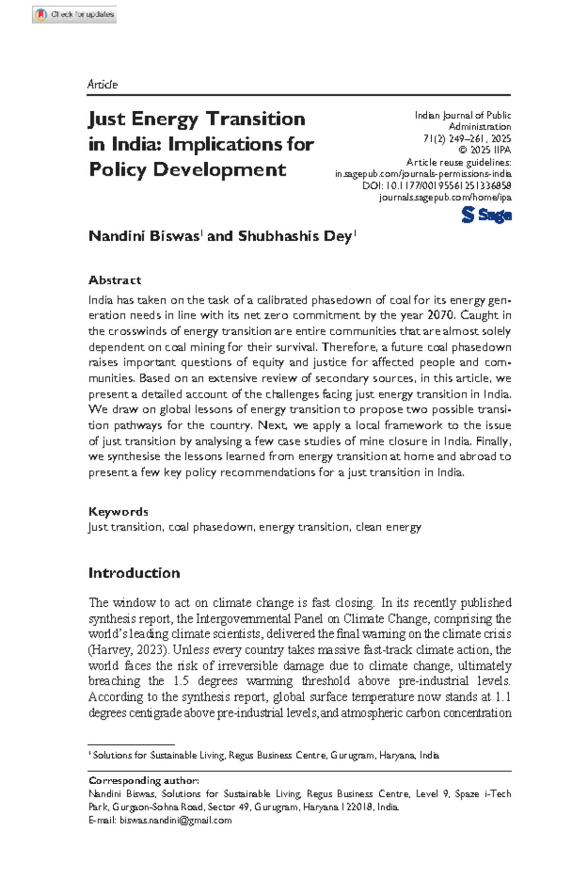Just Energy Transition in India: Policy Implications and Pathways (IIPA ...