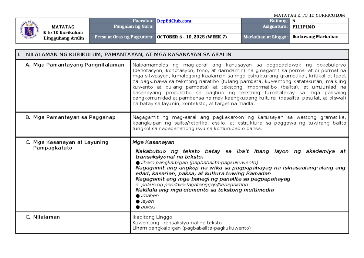DLL Matatag K to 10 Filipino 5 Week 7 Curriculum Guide - Studocu