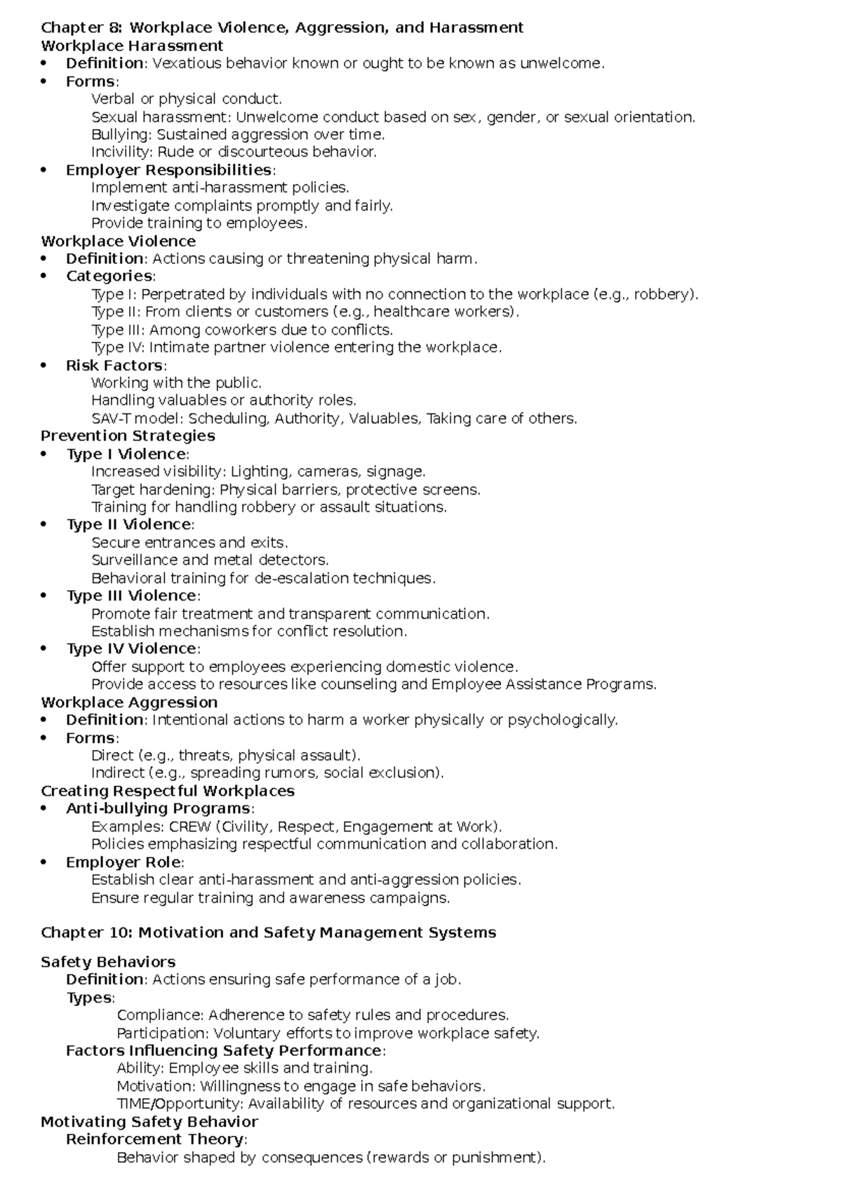 OHSH - REVISION notes for exam - Chapter 8: Workplace Violence ...