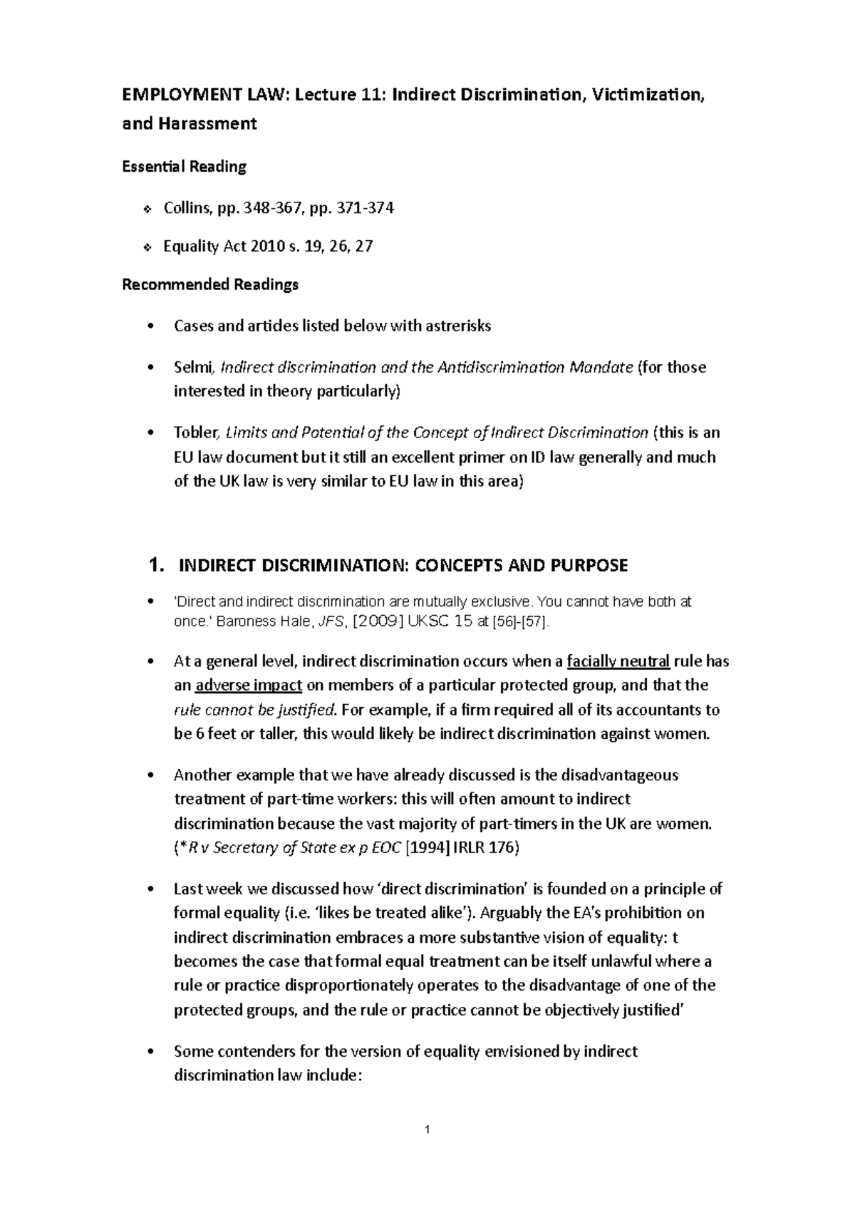 Employment Law Lecture 11: Indirect Discrimination & Harassment Notes ...