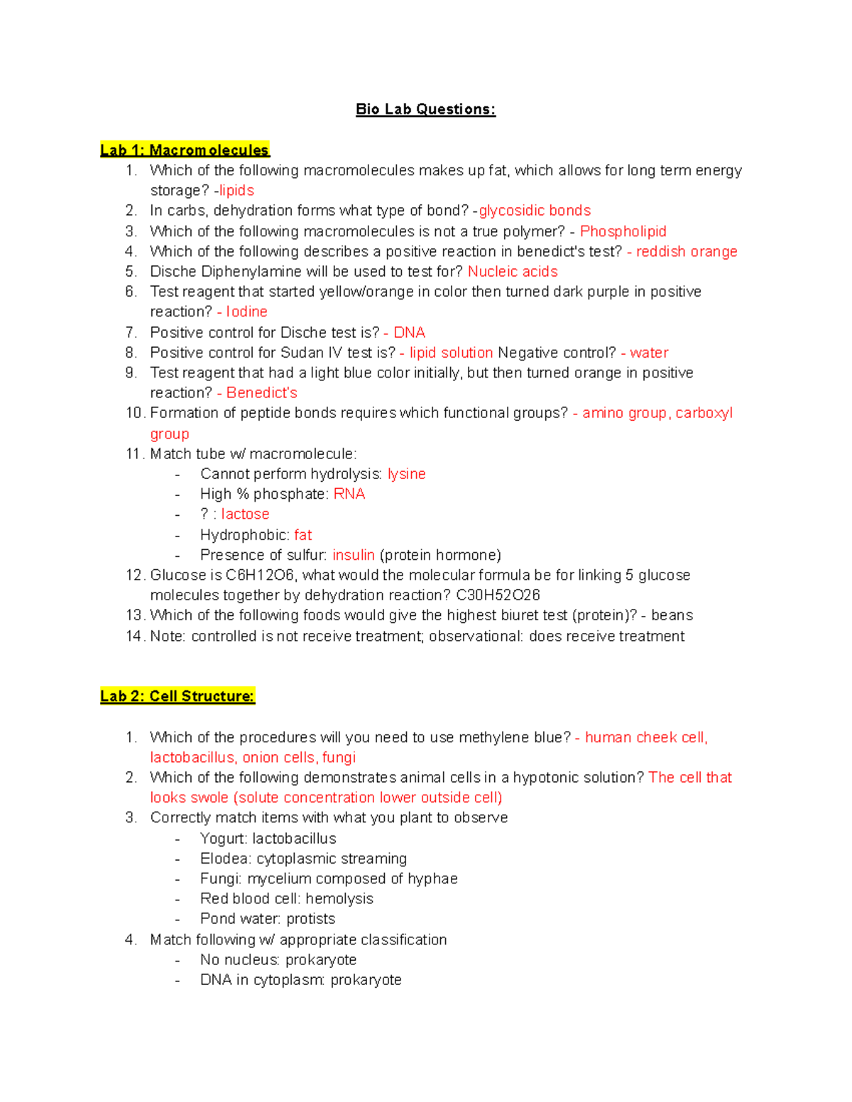 Bio Lab Questions: Macromolecules, Cell Structure, & Photosynthesis ...