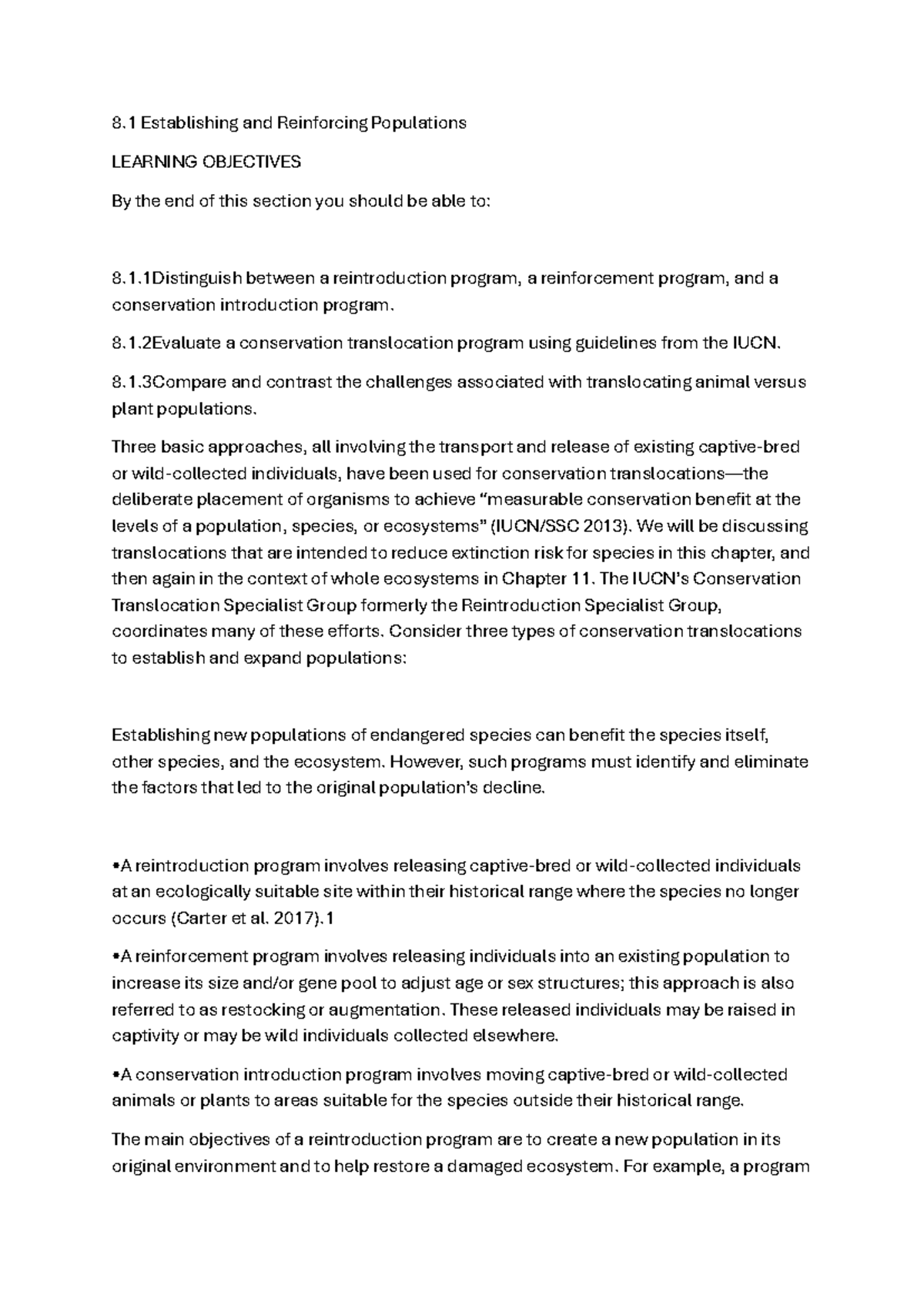 Conservation Biology (CB 101): Establishing and Reinforcing Populations ...