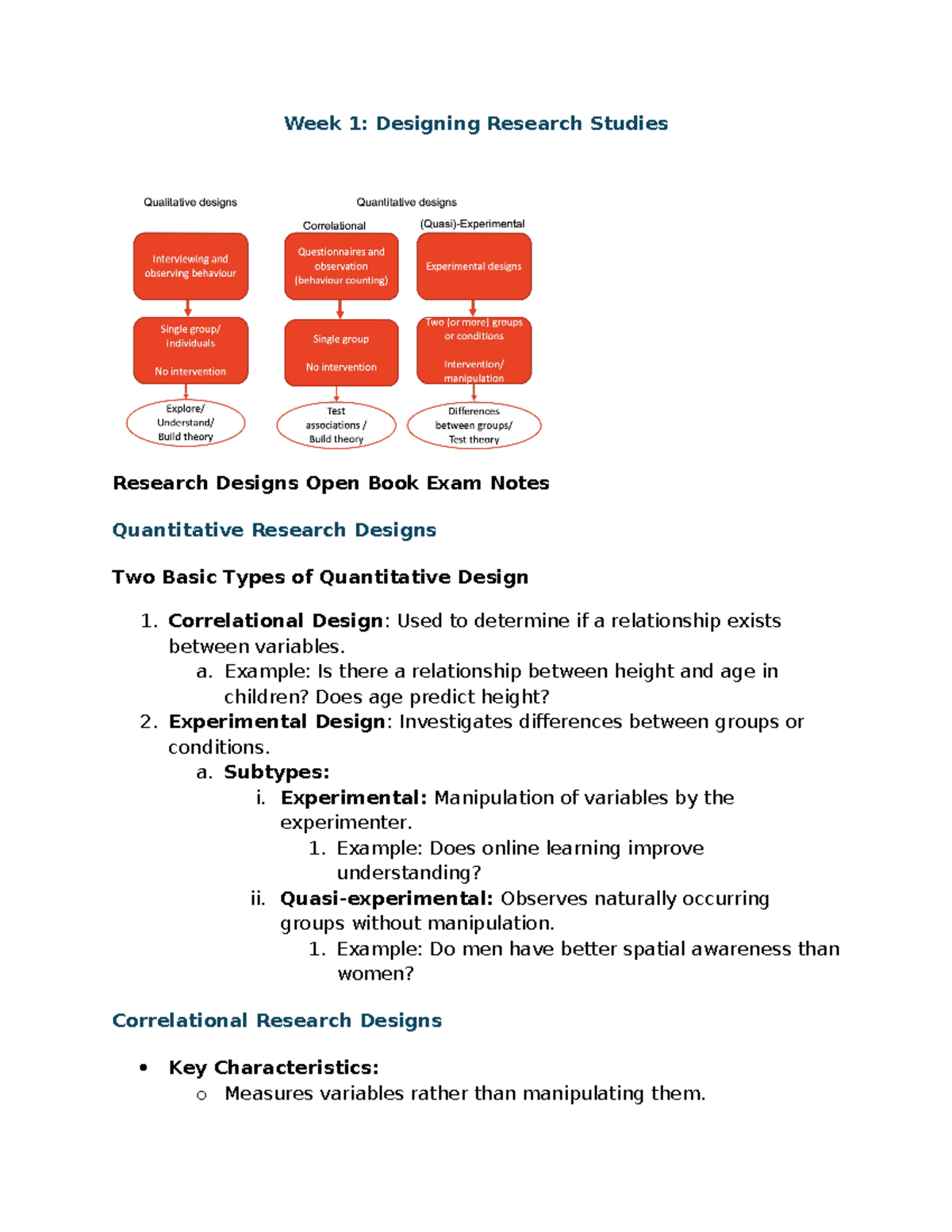 Notes - Week 1: Designing Research Studies Research Designs Open Book ...