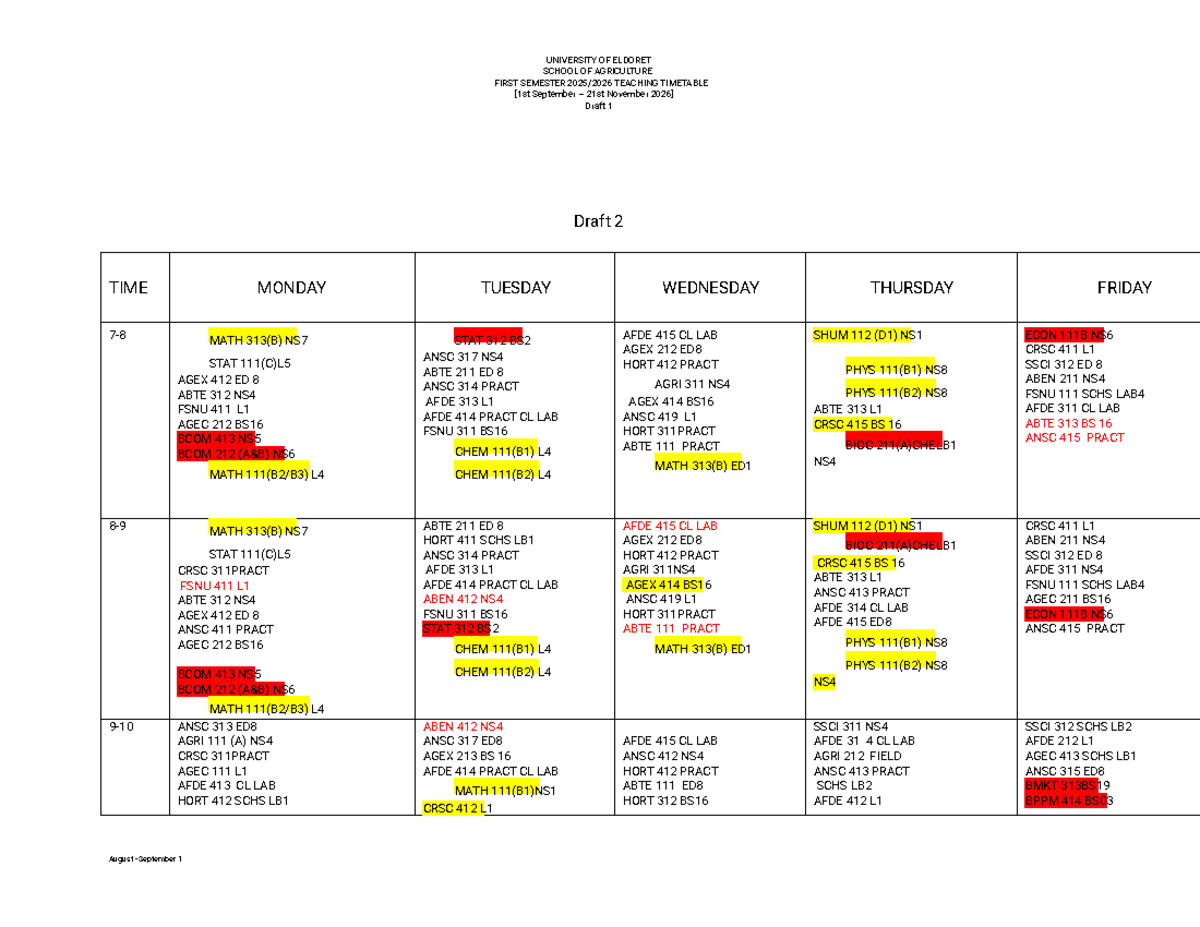 SAGR MATH 313(B) & AGEC 412 First Semester Teaching Schedule Draft ...