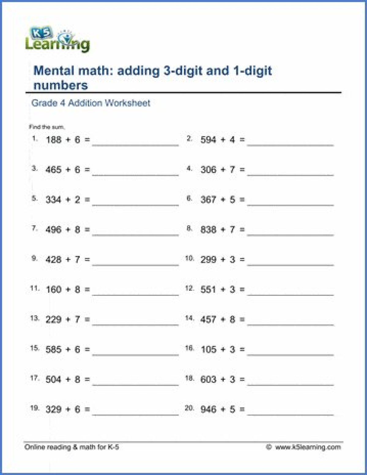 Grade 4 adding 3 digit and 1 digit numbers - SG101 - KS Learning Mental ...