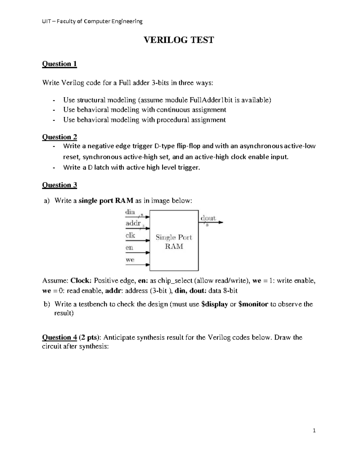UIT Computer Engineering VERILOG TEST: Full Adder & D Latch Design ...