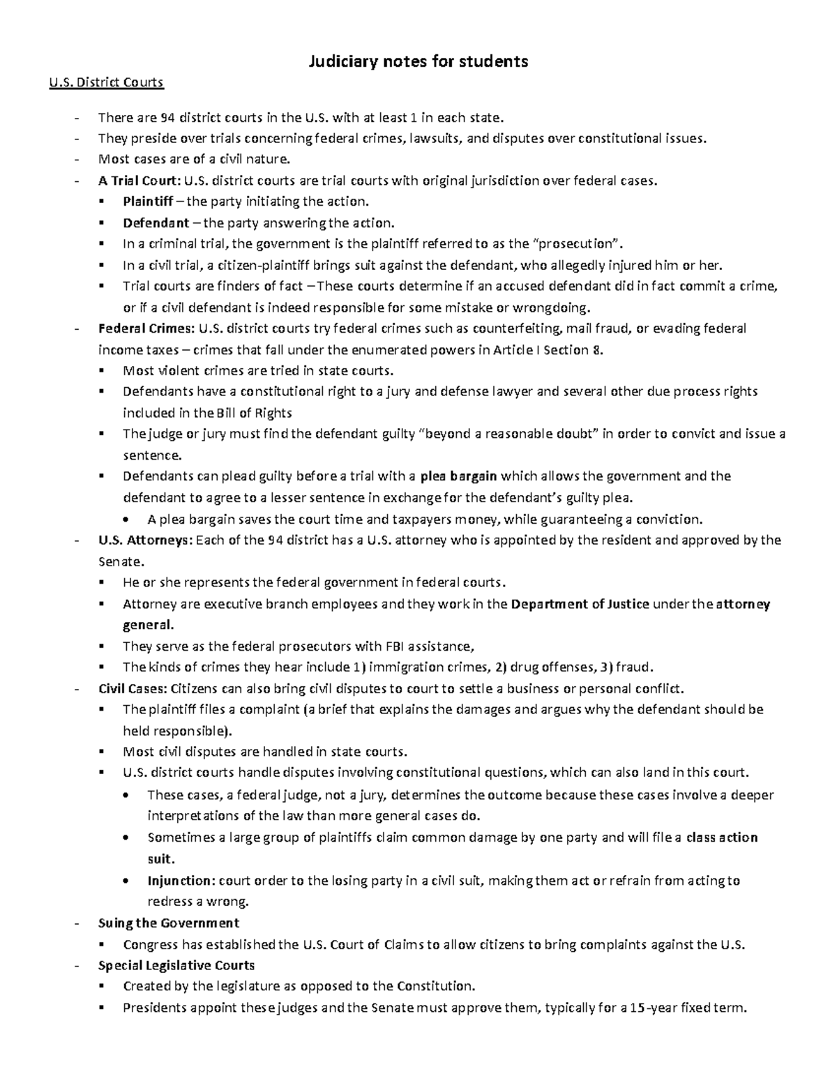 Judiciary Notes for Students: U.S. District Courts Overview - Studocu