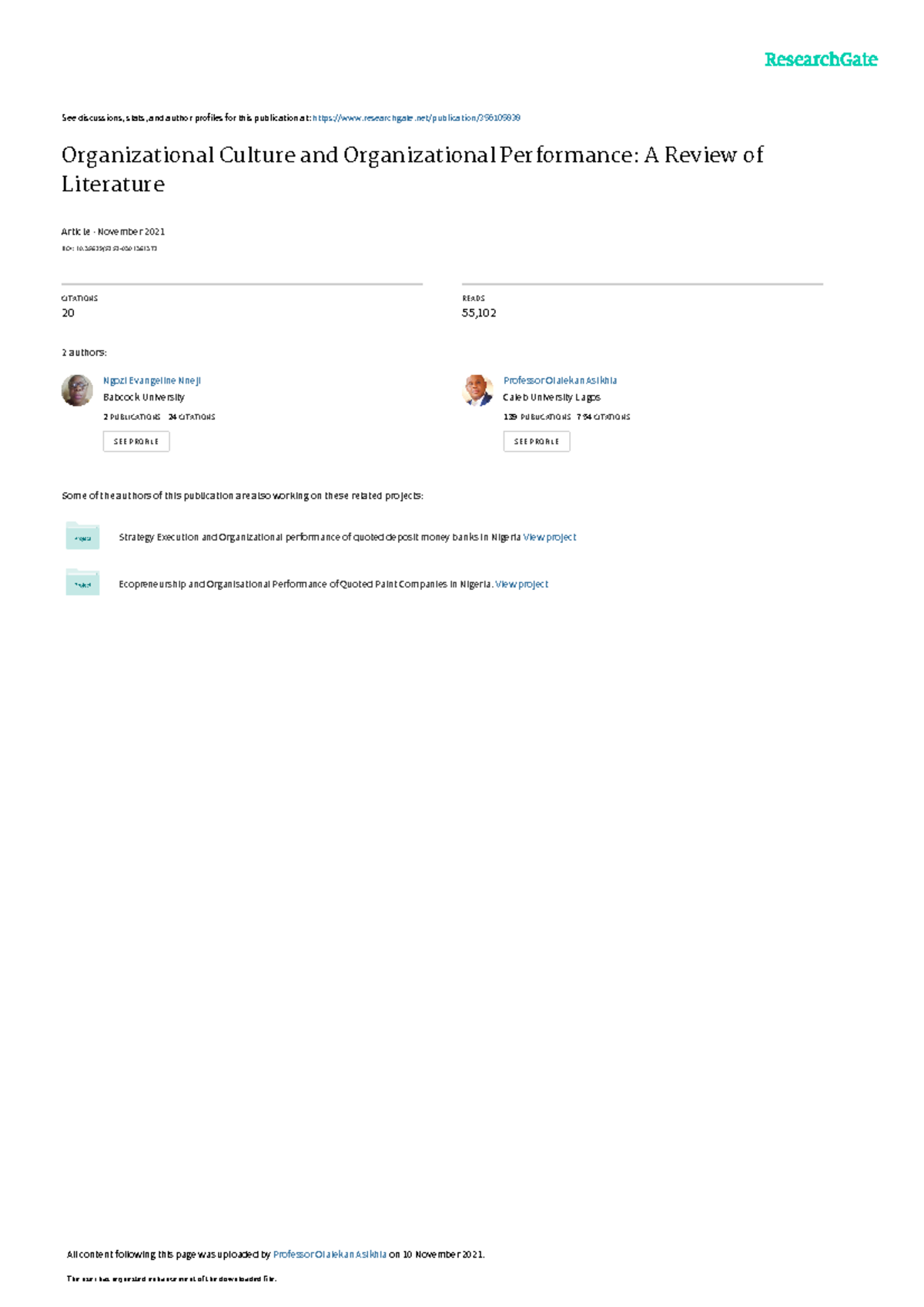 Organizational Culture & Performance: Literature Review Insights - Studocu