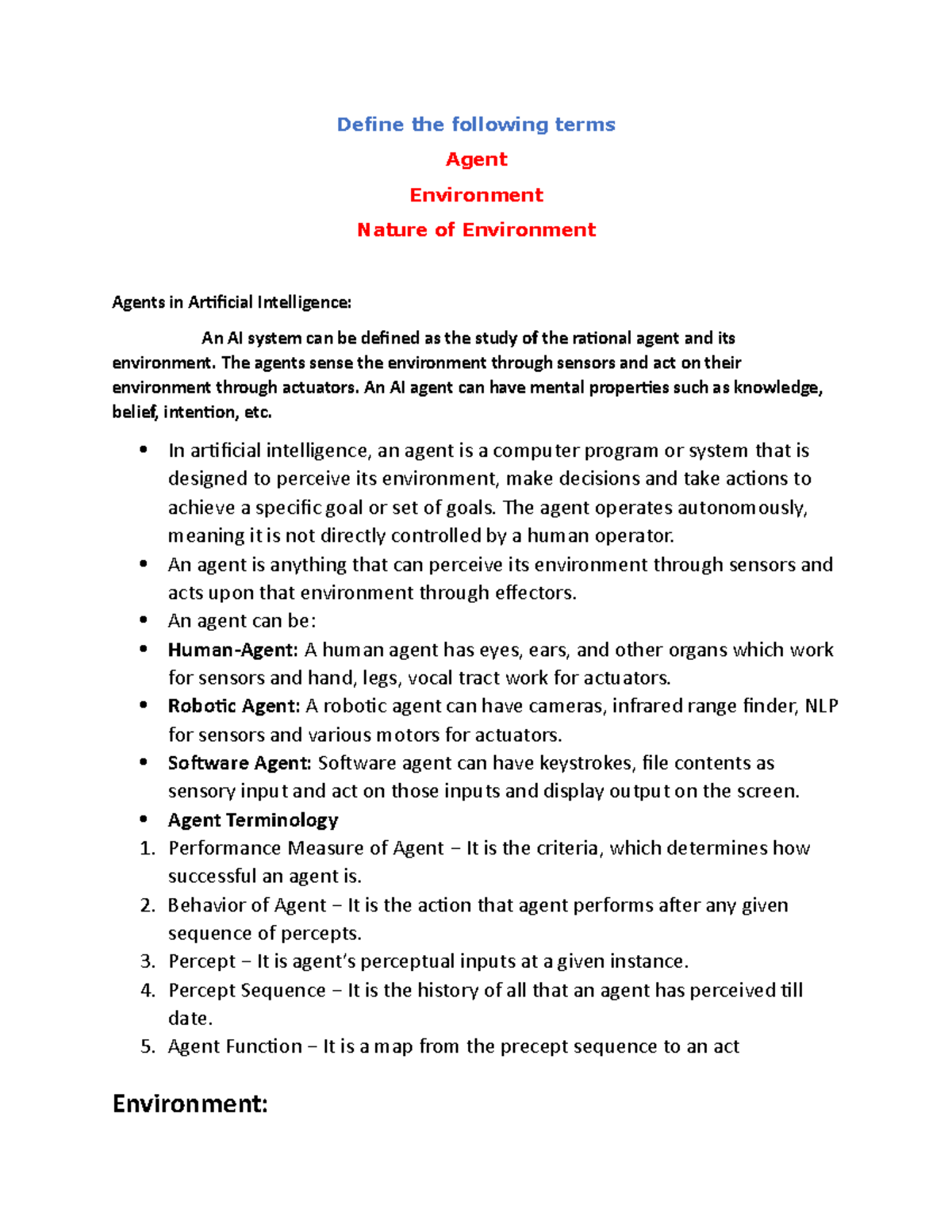 AI Agents and Environments: A Study (ALML Module 1) - Studocu
