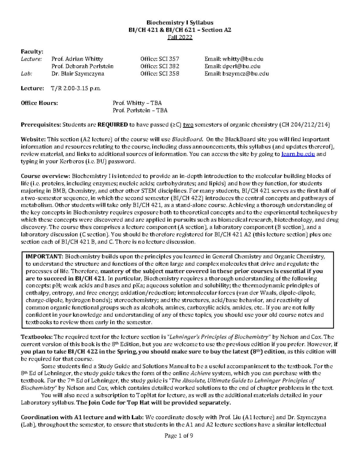 Biochemistry I Syllabus (BI/CH 421) - Fall 2022 Version 9-5 - Studocu