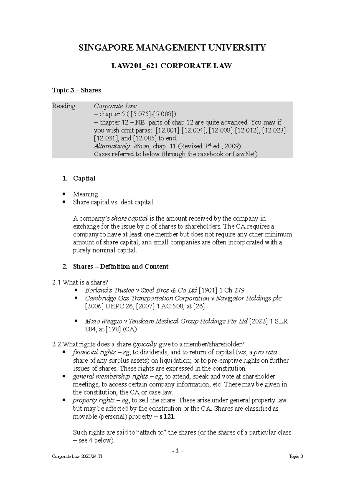 LAW201_621 Midterm Notes on Shares - Corporate Law - Sem 3 2023 - Studocu