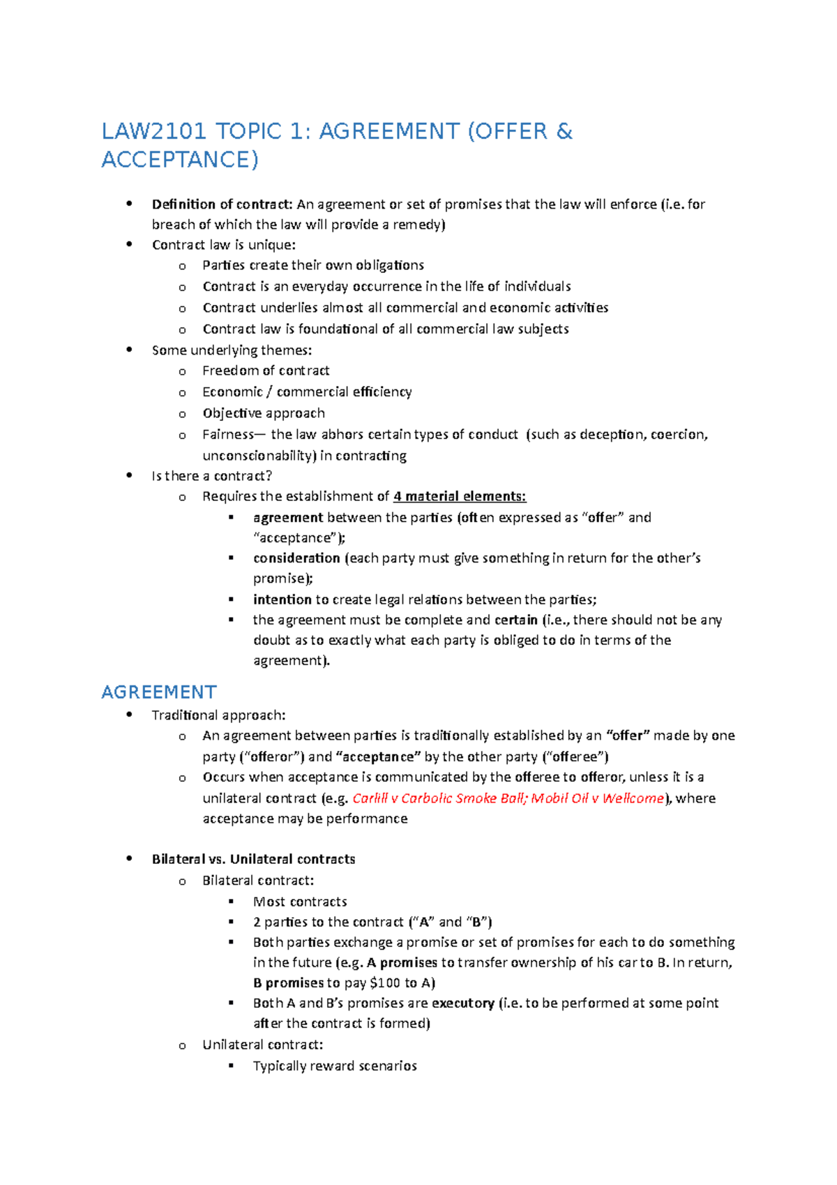 LAW2101 Week 1 & 2: Offer & Acceptance in Contract Law - Studocu