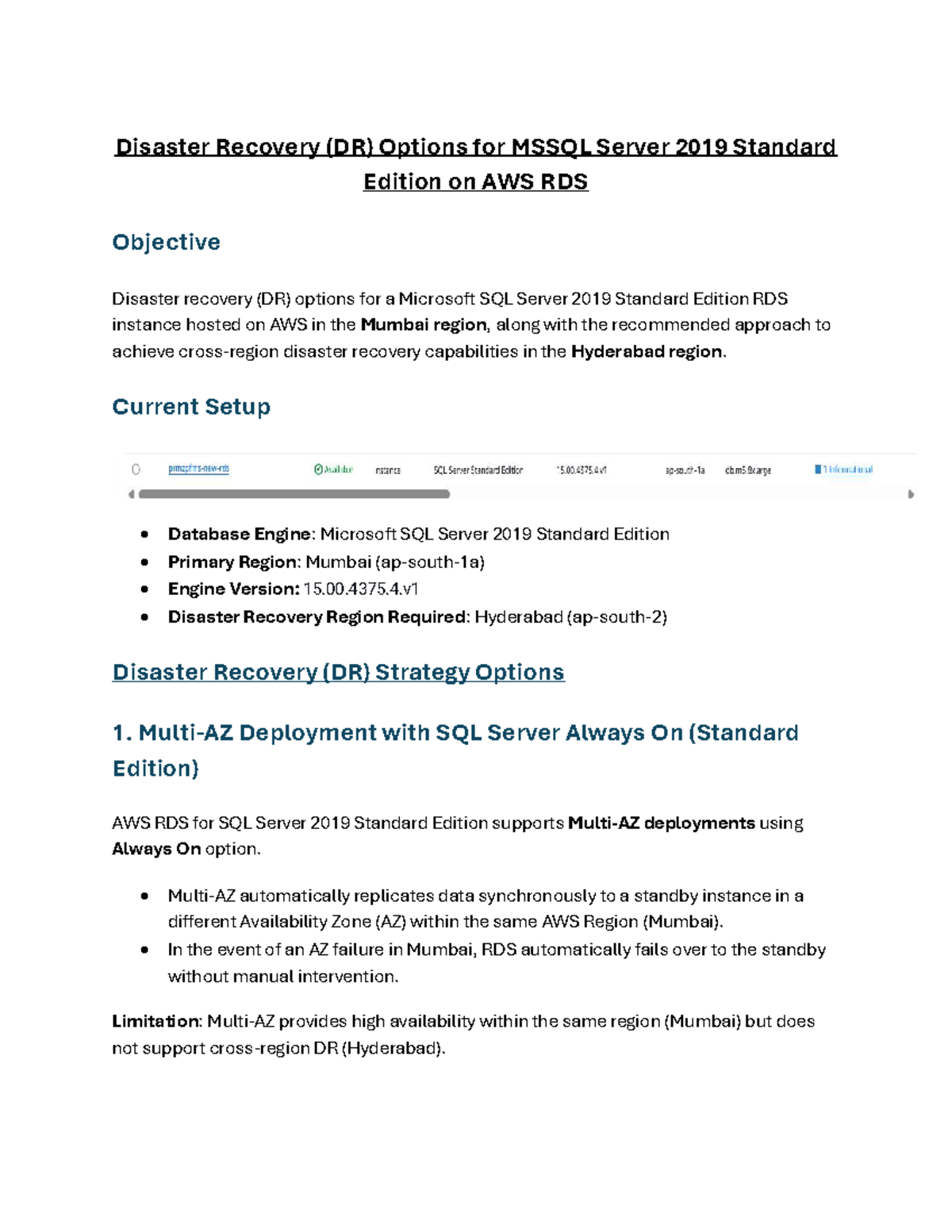 DR Options for MSSQL Server 2019 Std Ed on AWS RDS - Studocu