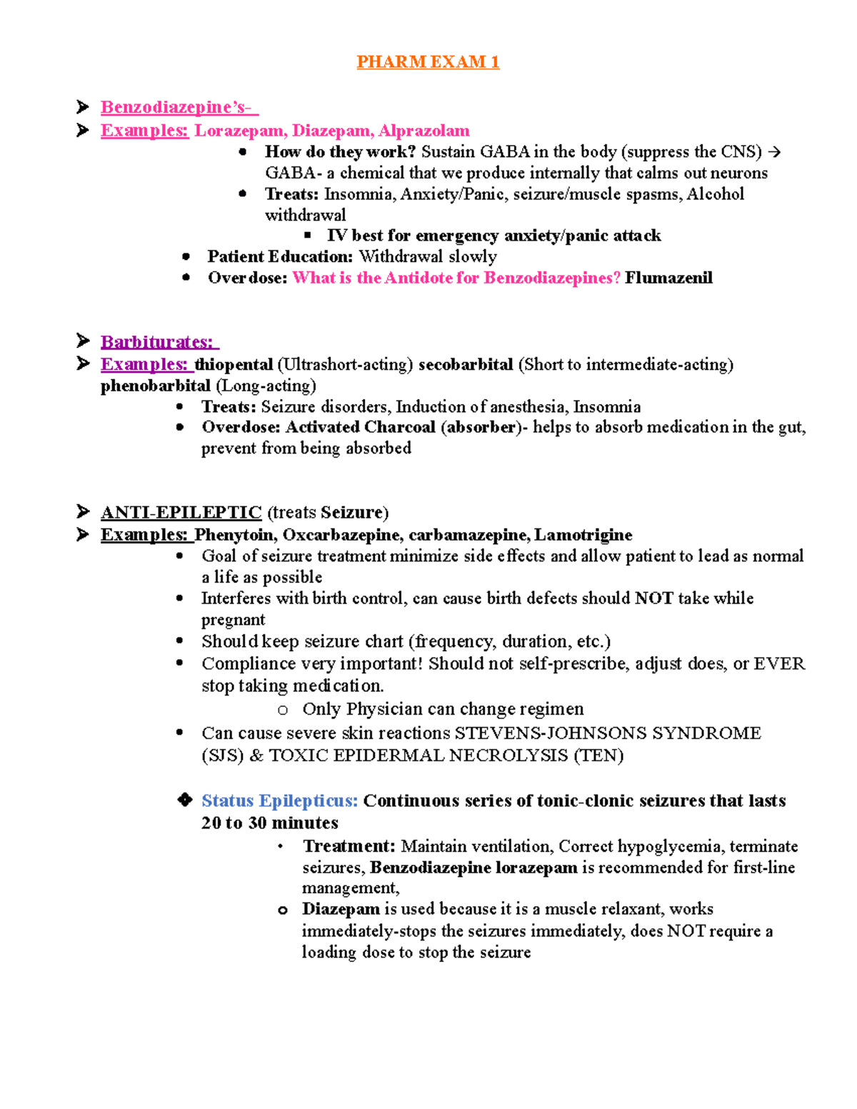 Pharm 101: Study Guide for Exam 1 on CNS Medications and Treatments ...