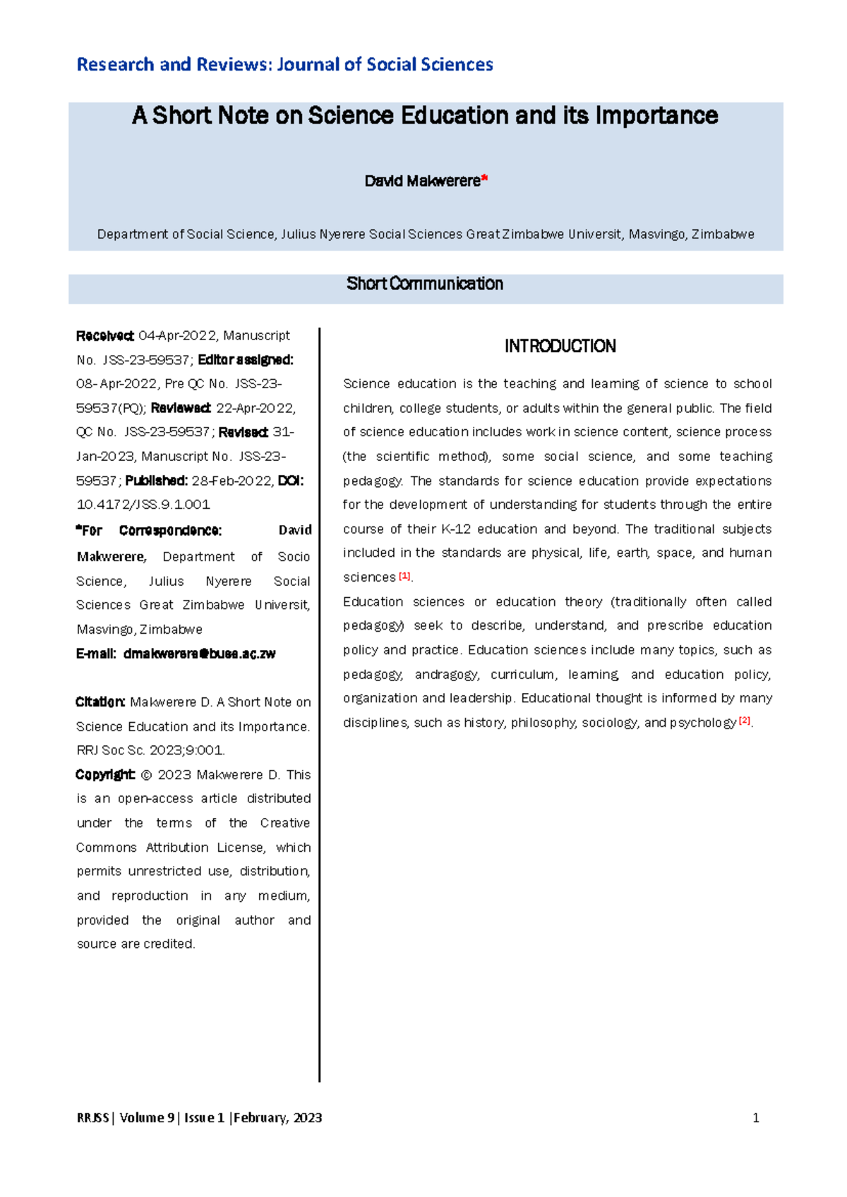 RRJ Soc Sc: A Short Note on Science Education and Its Importance - Studocu